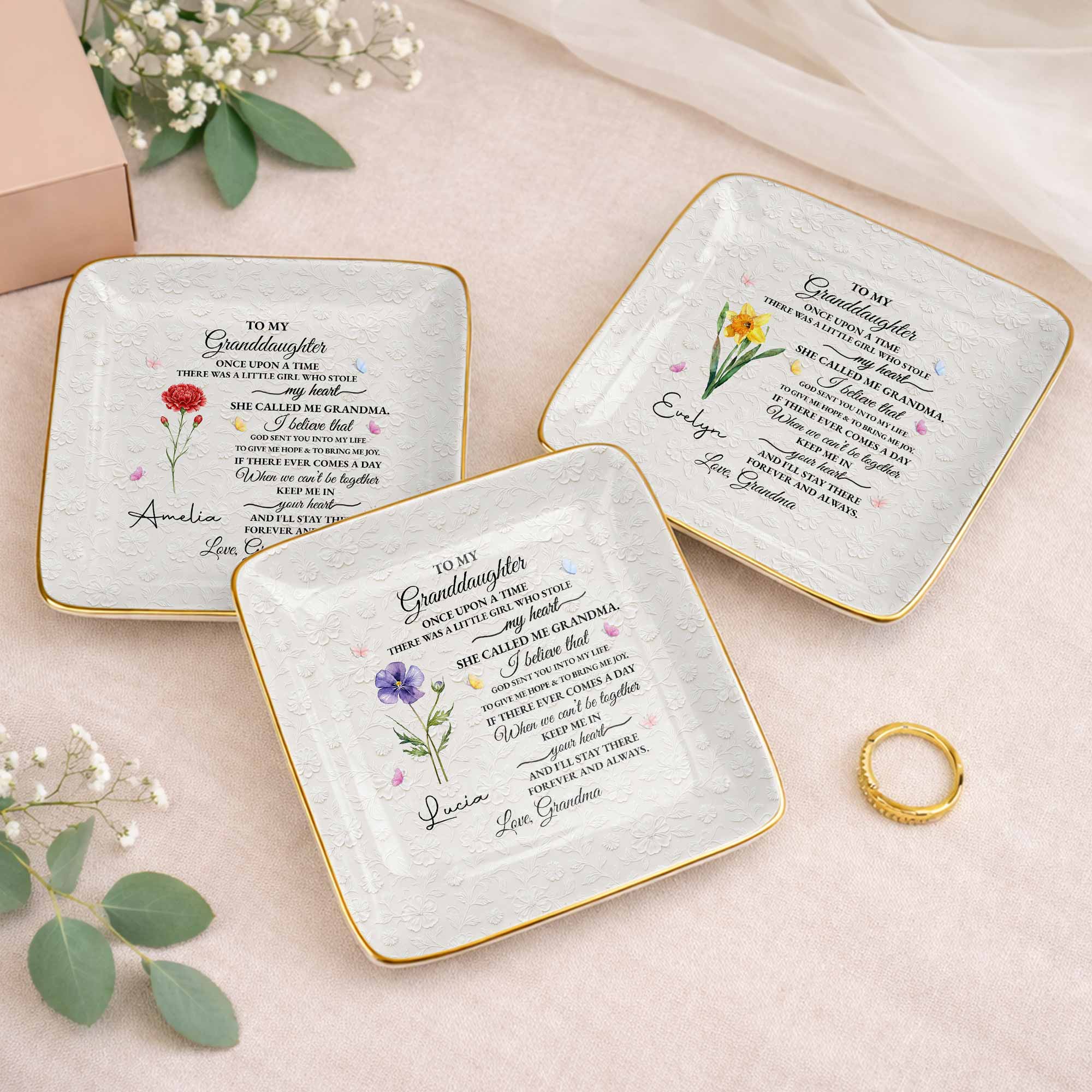 To My Granddaughter Once Upon A Time Flower Butterfly Jewelry Dish - Personalized Custom Jewelry Dish, Ceramic Dish, Square Shape - GDT613_SCRF - Image 6