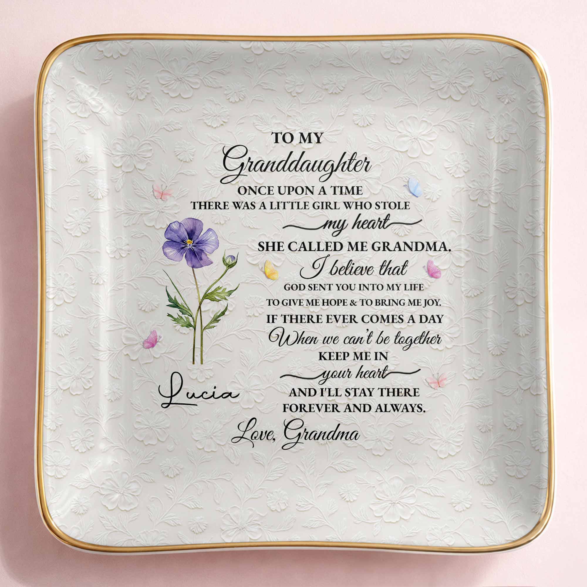 To My Granddaughter Once Upon A Time Flower Butterfly Jewelry Dish - Personalized Custom Jewelry Dish, Ceramic Dish, Square Shape - GDT613_SCRF - Image 8