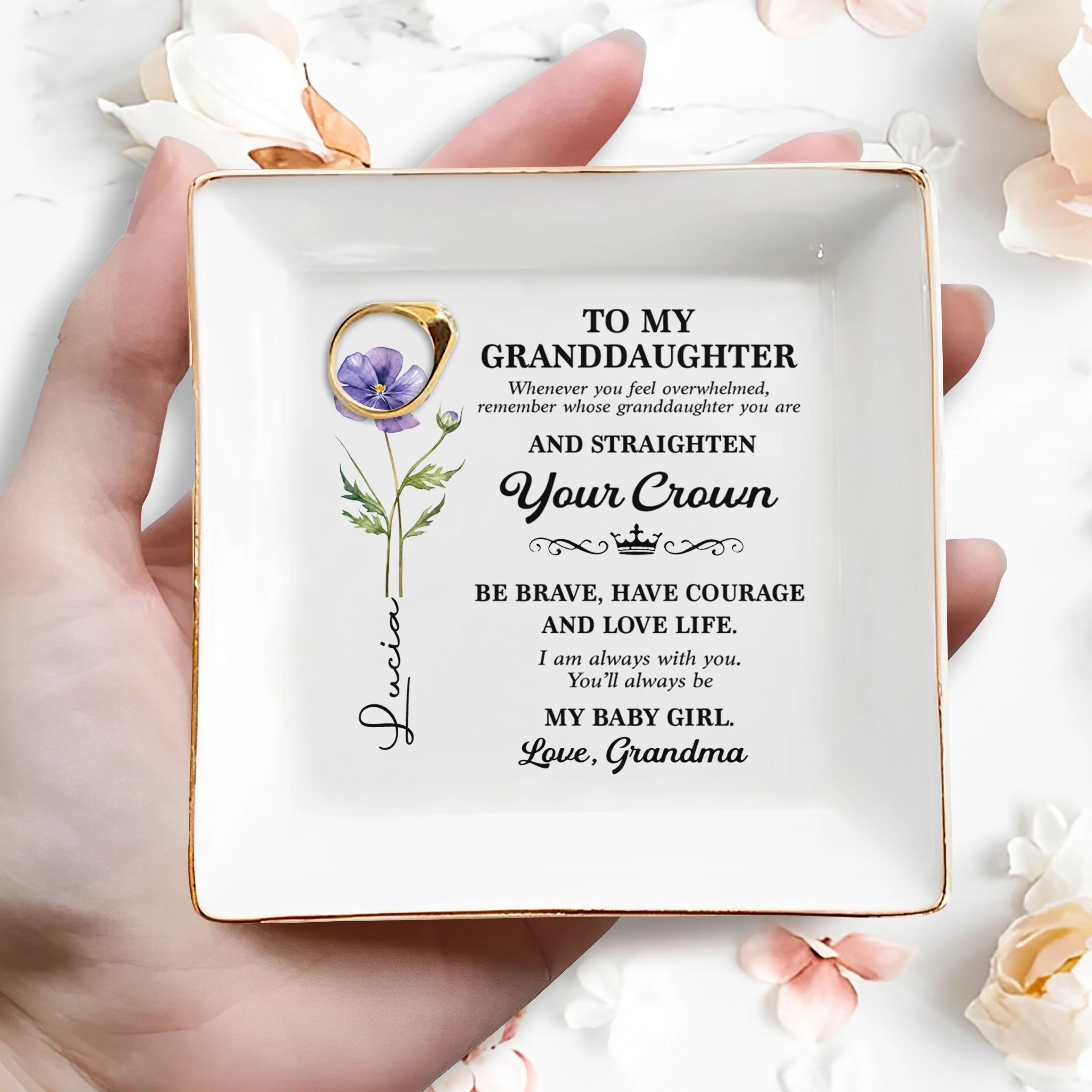 To My Granddaughter Straighten Your Crown Birth Month Flower - Personalized Custom Jewelry Dish, Square Ceramic Dish - GDT662_SCRD - Image 2