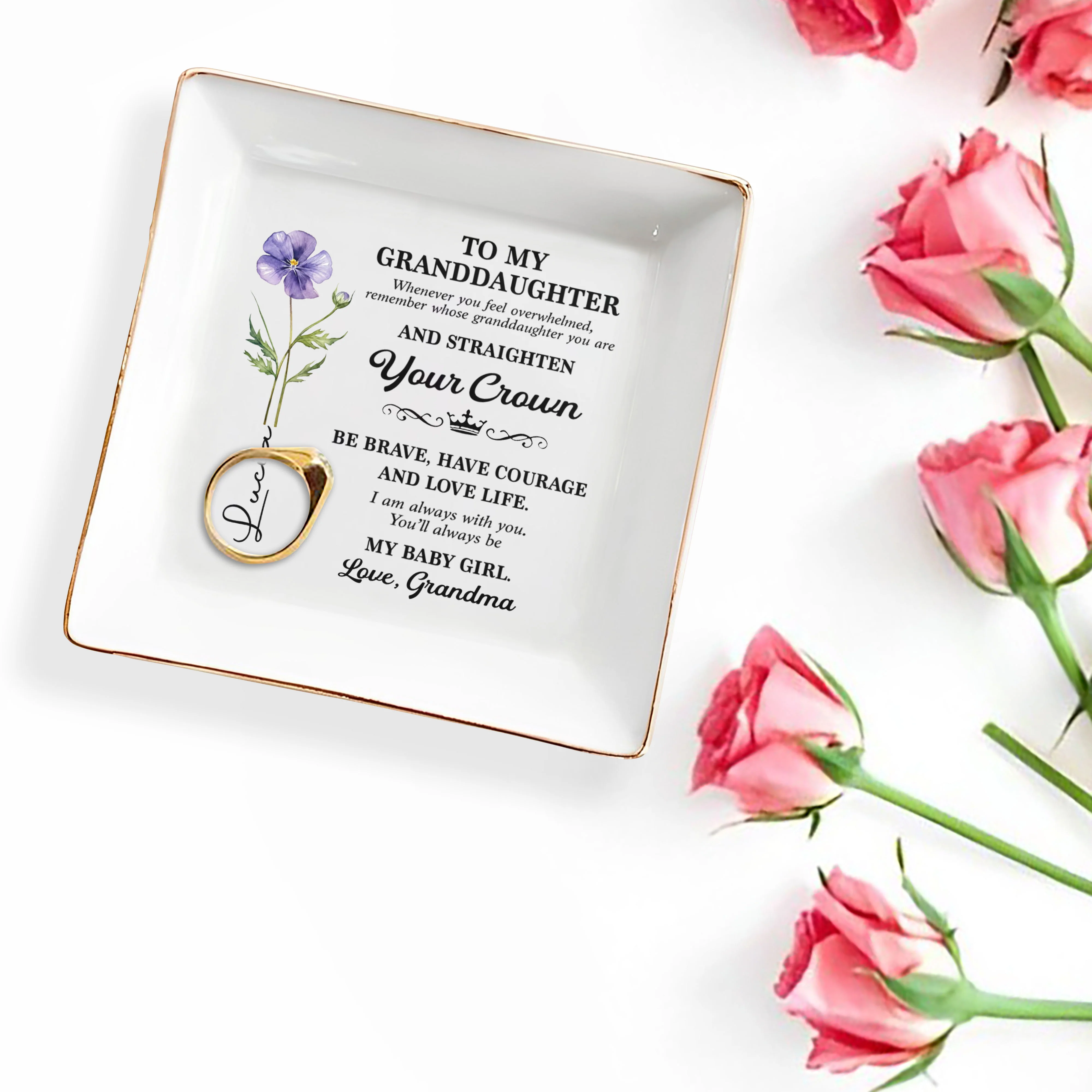 To My Granddaughter Straighten Your Crown Birth Month Flower - Personalized Custom Jewelry Dish, Square Ceramic Dish - GDT662_SCRD - Image 3