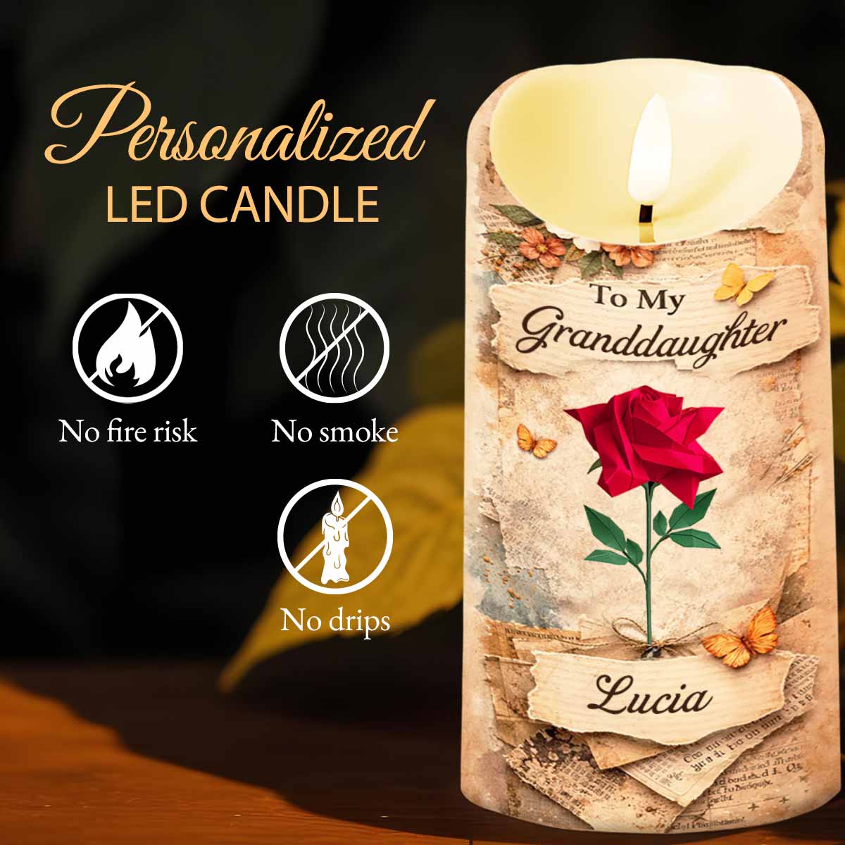 To My Granddaughter Straighten Your Crown Red Rose Butterfly Candle - Personalized Custom LED Candle - GDT635_LECA - Image 4