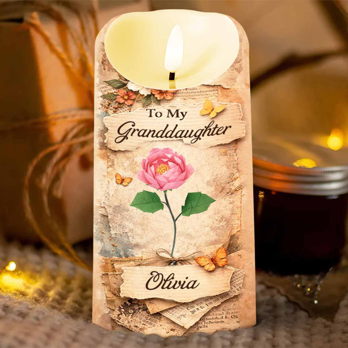 To My Granddaughter Straighten Your Crown Red Rose Butterfly Candle - Personalized Custom LED Candle - GDT635_LECA - Image 5