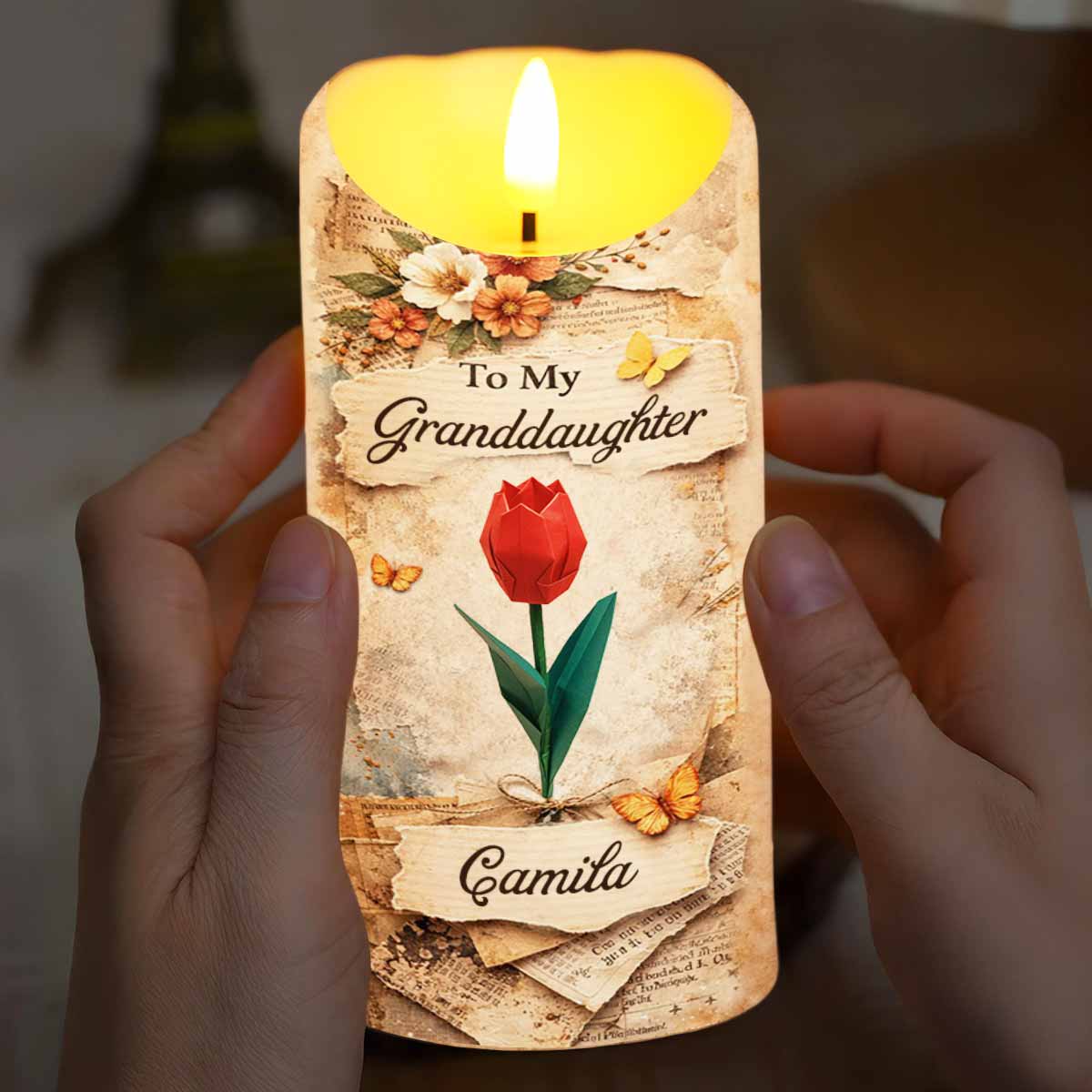 To My Granddaughter Straighten Your Crown Red Rose Butterfly Candle - Personalized Custom LED Candle - GDT635_LECA - Image 7