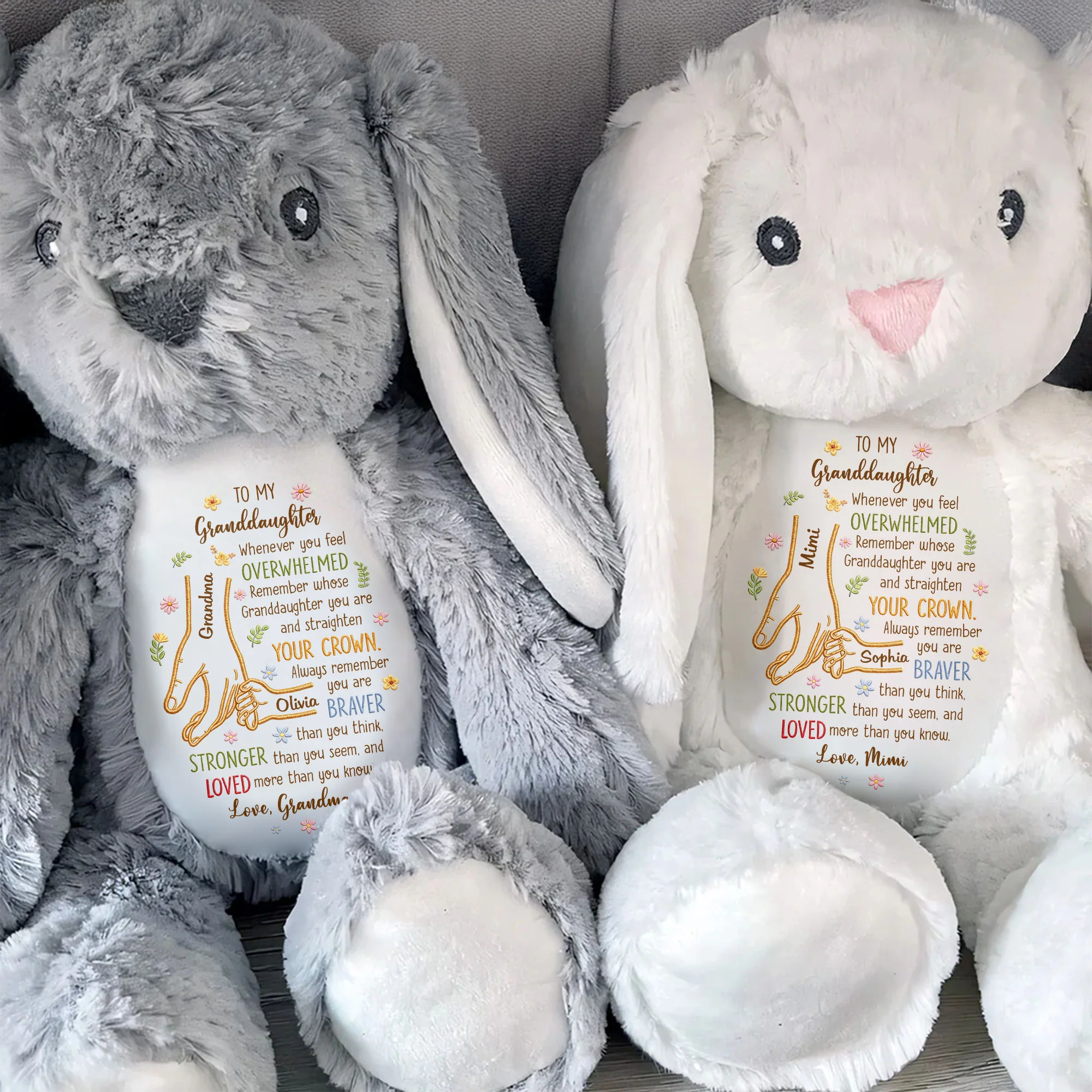 To My Granddaughter Whenever You Feel Overwhelmed Holding Hands Flowers - Personalized Stuffed Bunny - GDT637_BUN - Image 3