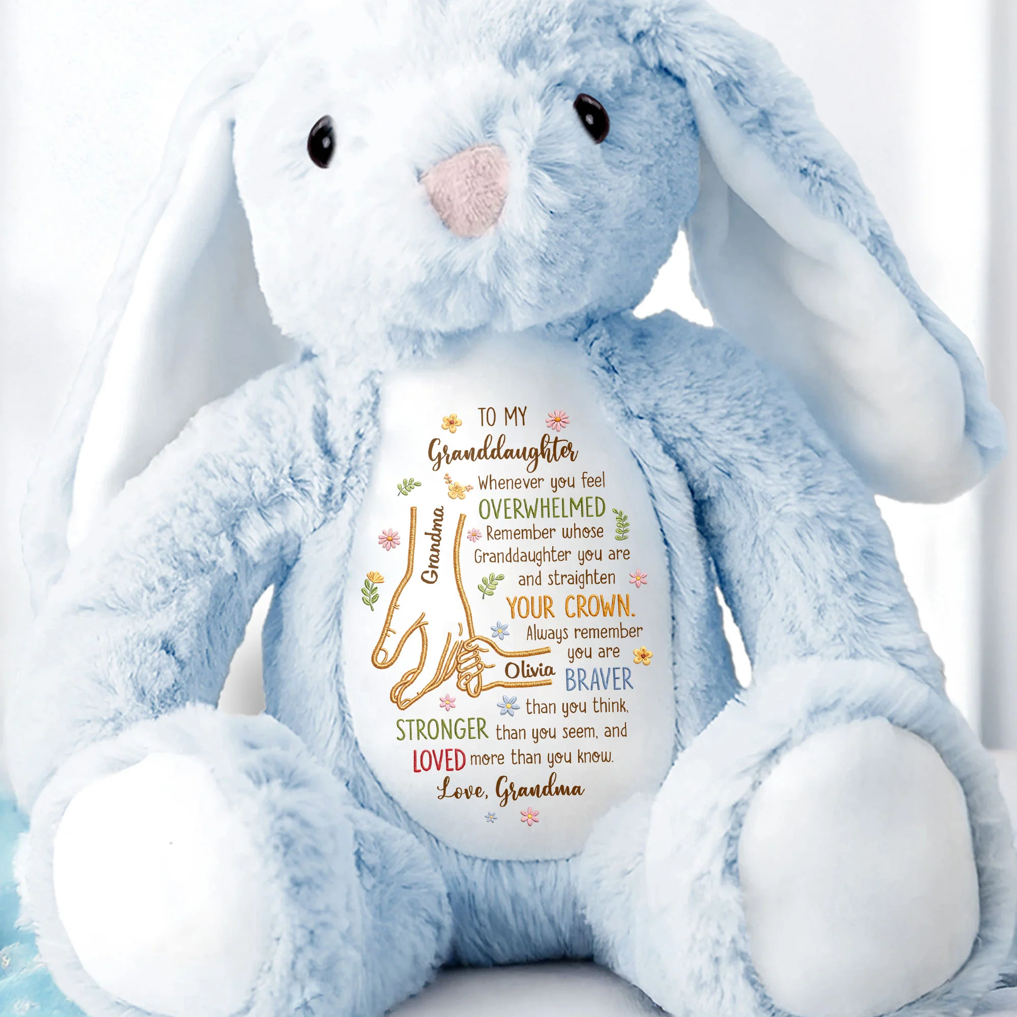 To My Granddaughter Whenever You Feel Overwhelmed Holding Hands Flowers - Personalized Stuffed Bunny - GDT637_BUN - Image 5