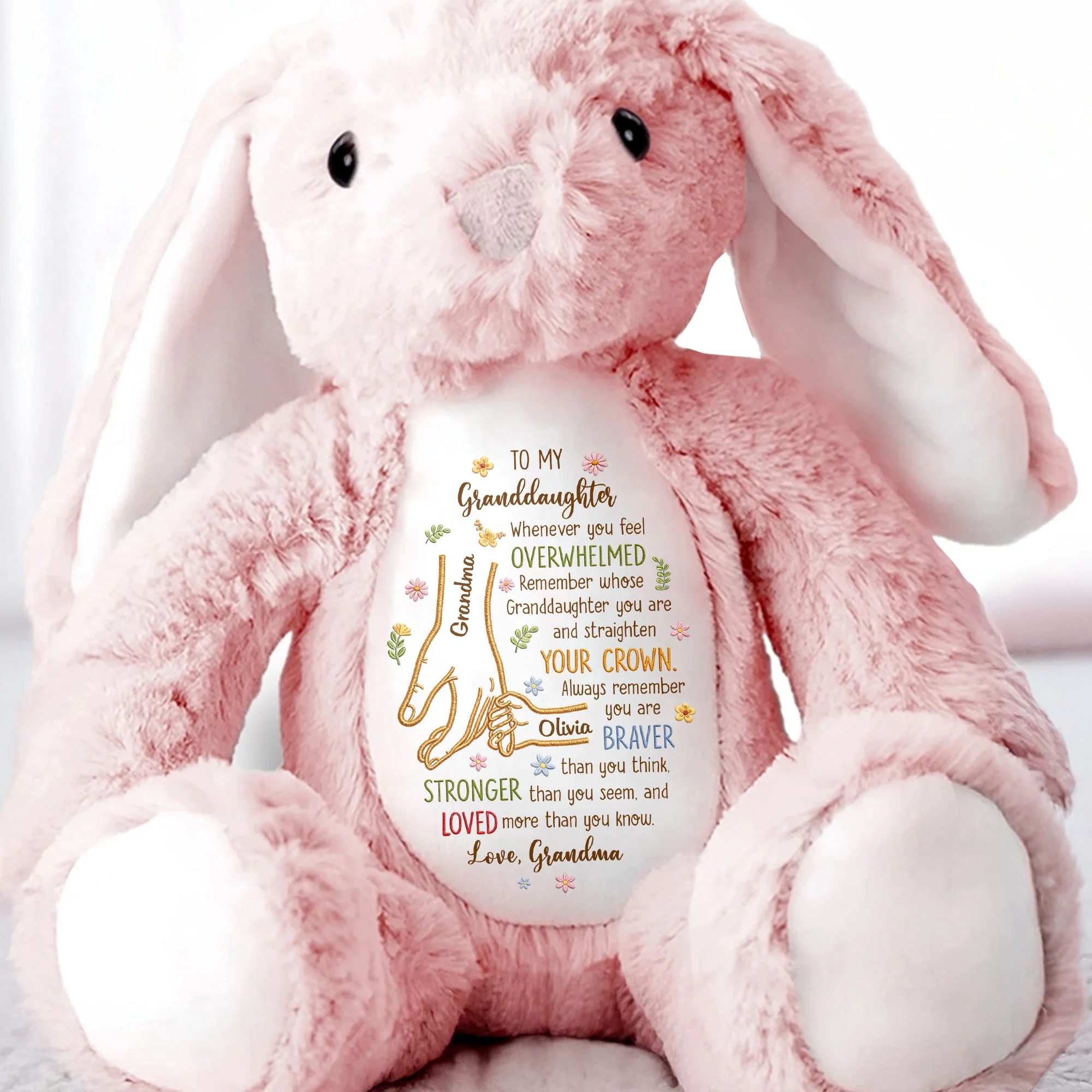 To My Granddaughter Whenever You Feel Overwhelmed Holding Hands Flowers - Personalized Stuffed Bunny - GDT637_BUN - Image 6