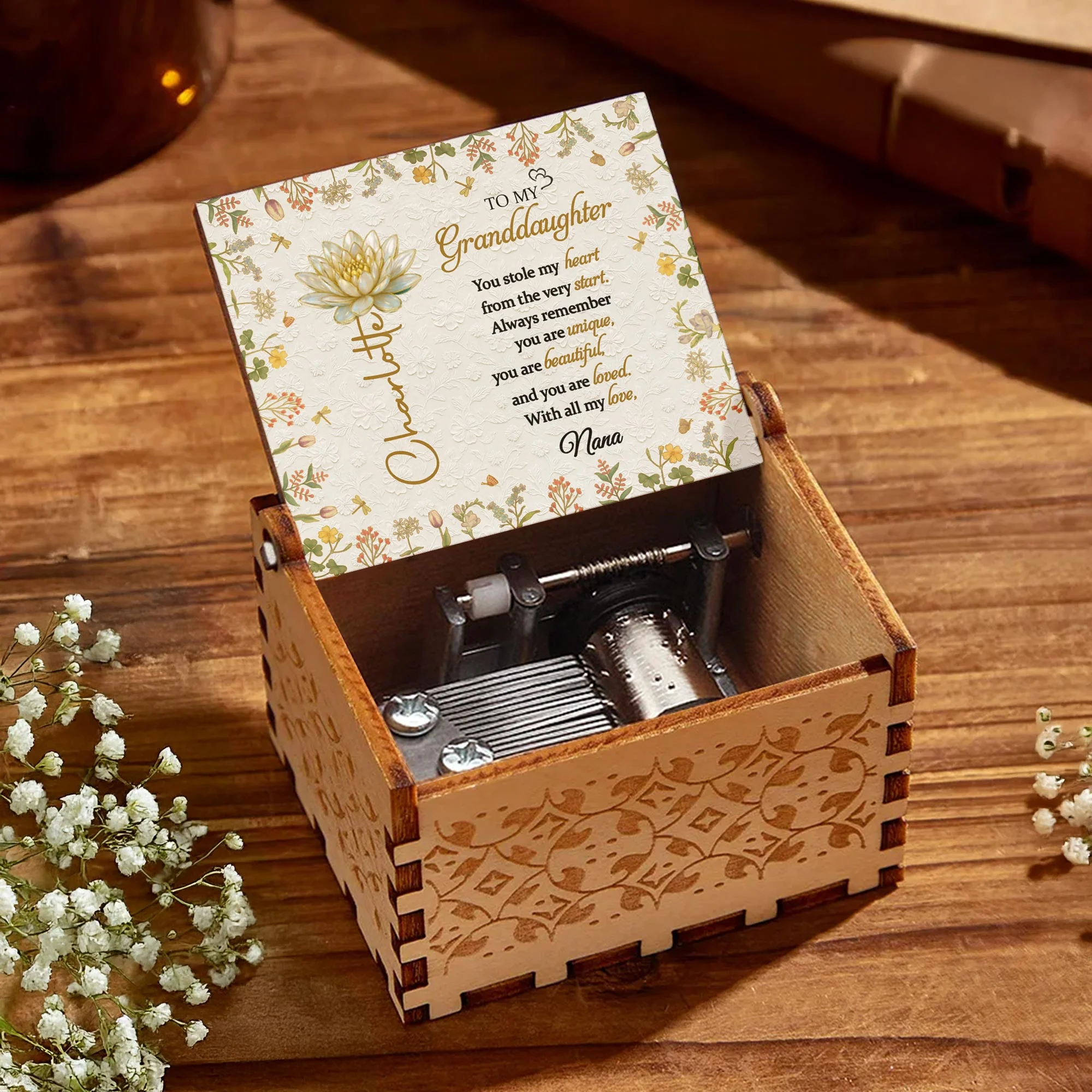 To My Granddaughter You Stole My Heart Lotus Flowers And Dragonflies - Custom Music Box With "You Are My Sunshine" Tune - GDT639_MZB - Image 3