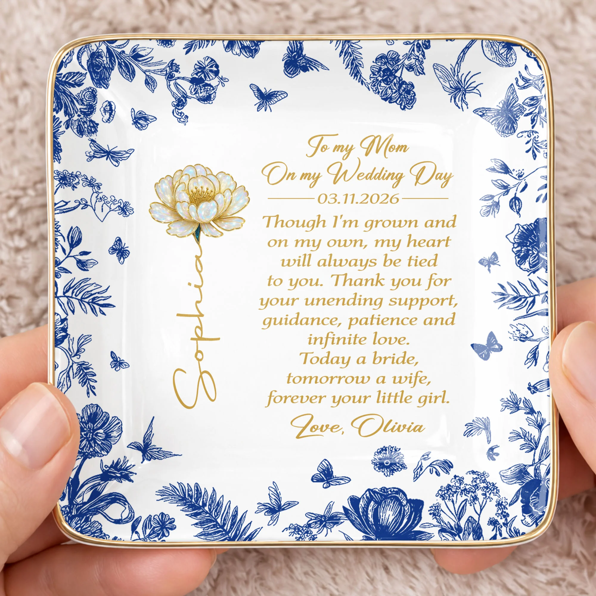 To My Mom On My Wedding Day Flower And Butterfly Ceramic Dish - Personalized Custom Jewelry Dish, Ceramic Dish, Square Shape - MOM197_SCRF - Image 2