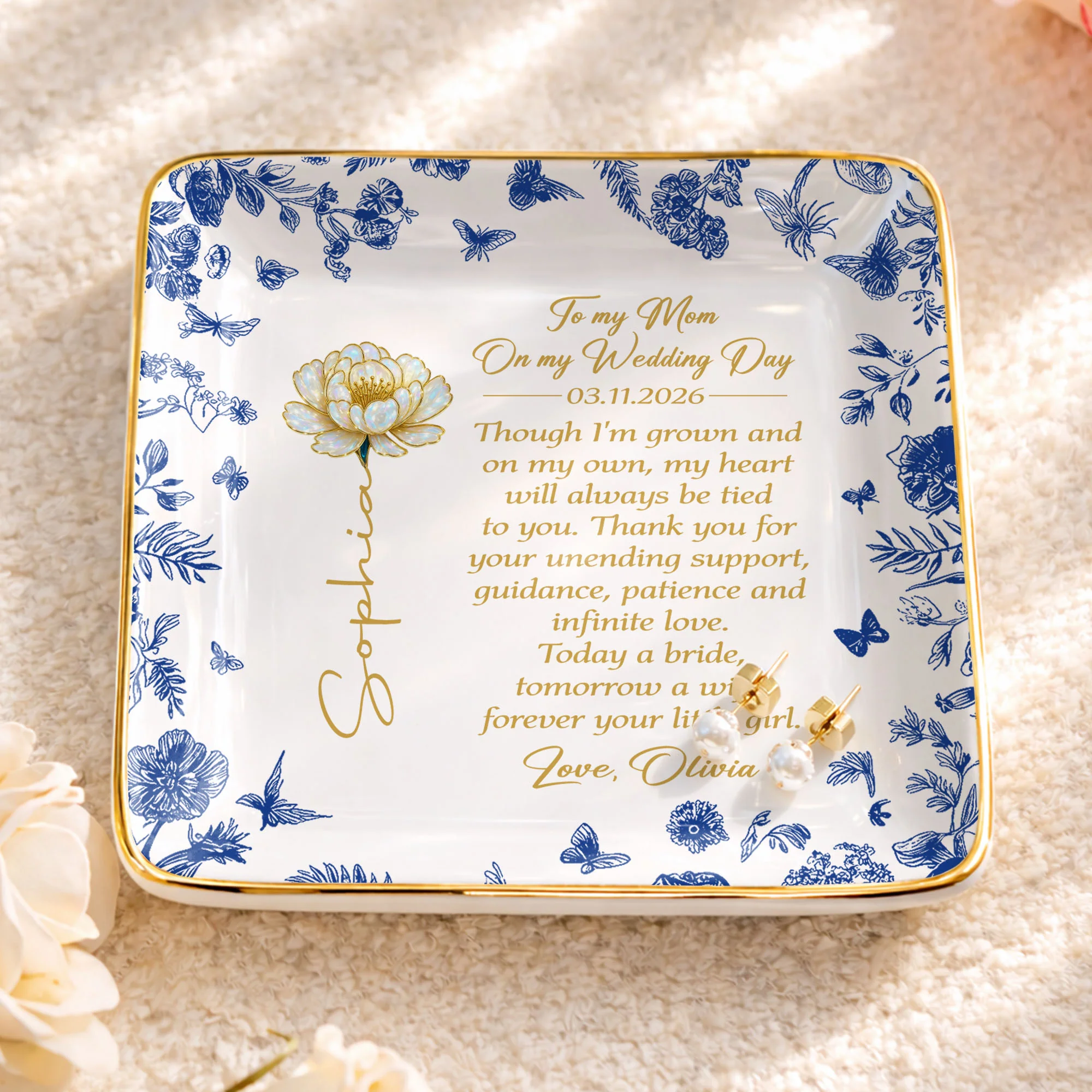 To My Mom On My Wedding Day Flower And Butterfly Ceramic Dish - Personalized Custom Jewelry Dish, Ceramic Dish, Square Shape - MOM197_SCRF - Image 3
