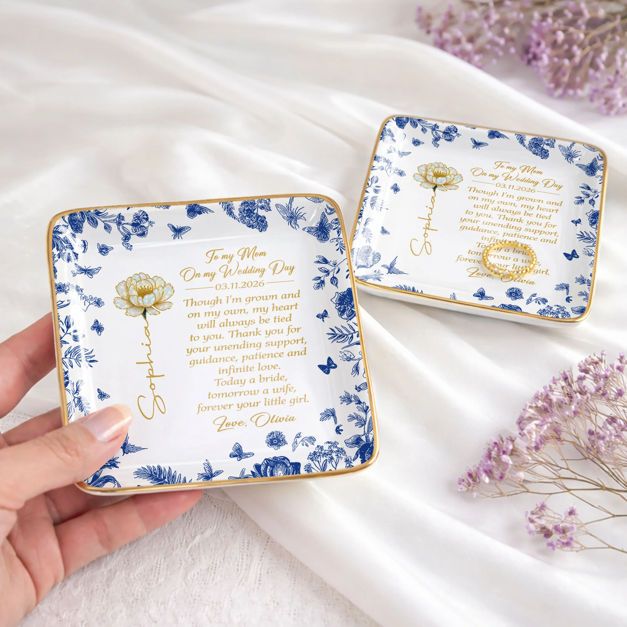 To My Mom On My Wedding Day Flower And Butterfly Ceramic Dish - Personalized Custom Jewelry Dish, Ceramic Dish, Square Shape - MOM197_SCRF - Image 4