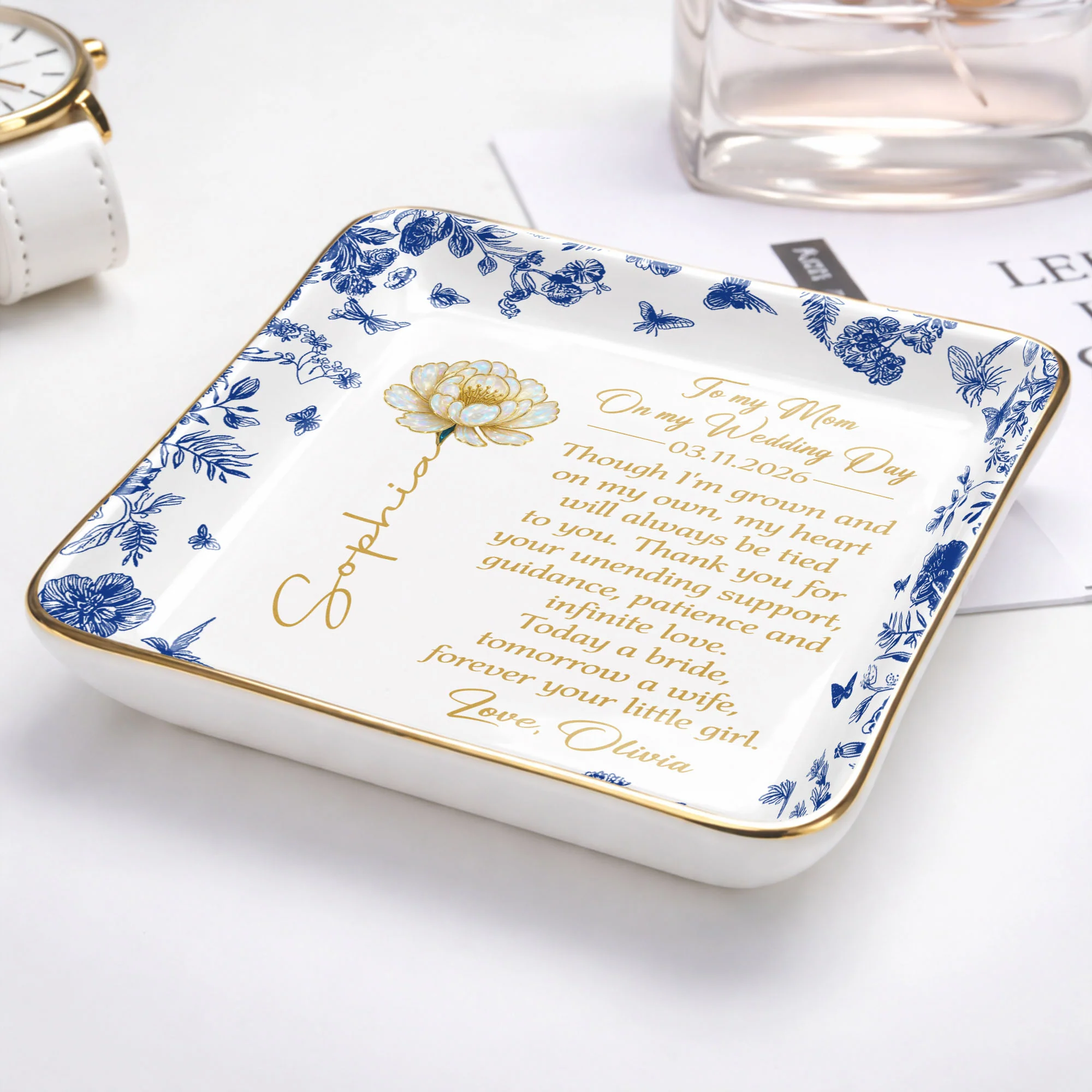 To My Mom On My Wedding Day Flower And Butterfly Ceramic Dish - Personalized Custom Jewelry Dish, Ceramic Dish, Square Shape - MOM197_SCRF - Image 5