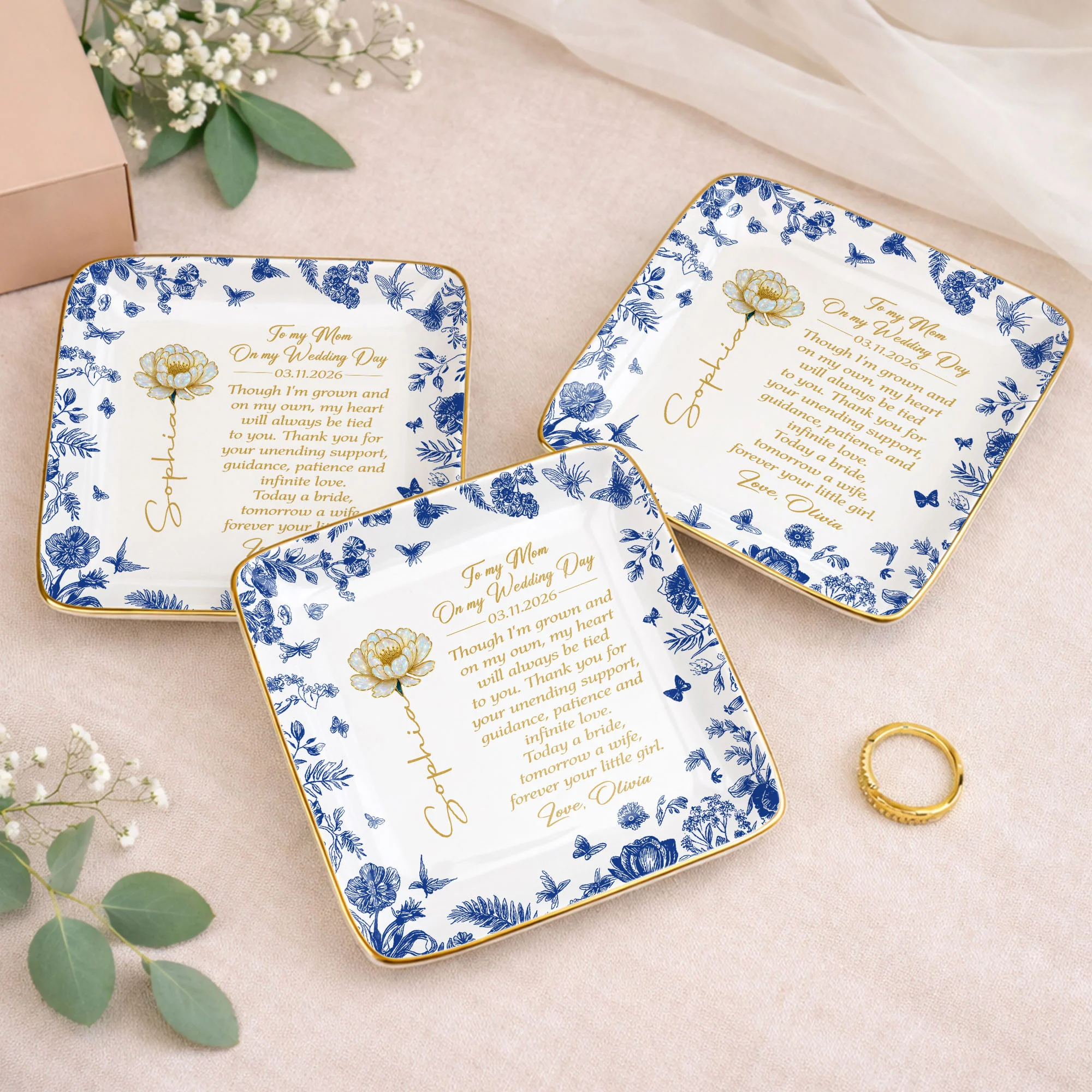 To My Mom On My Wedding Day Flower And Butterfly Ceramic Dish - Personalized Custom Jewelry Dish, Ceramic Dish, Square Shape - MOM197_SCRF - Image 6
