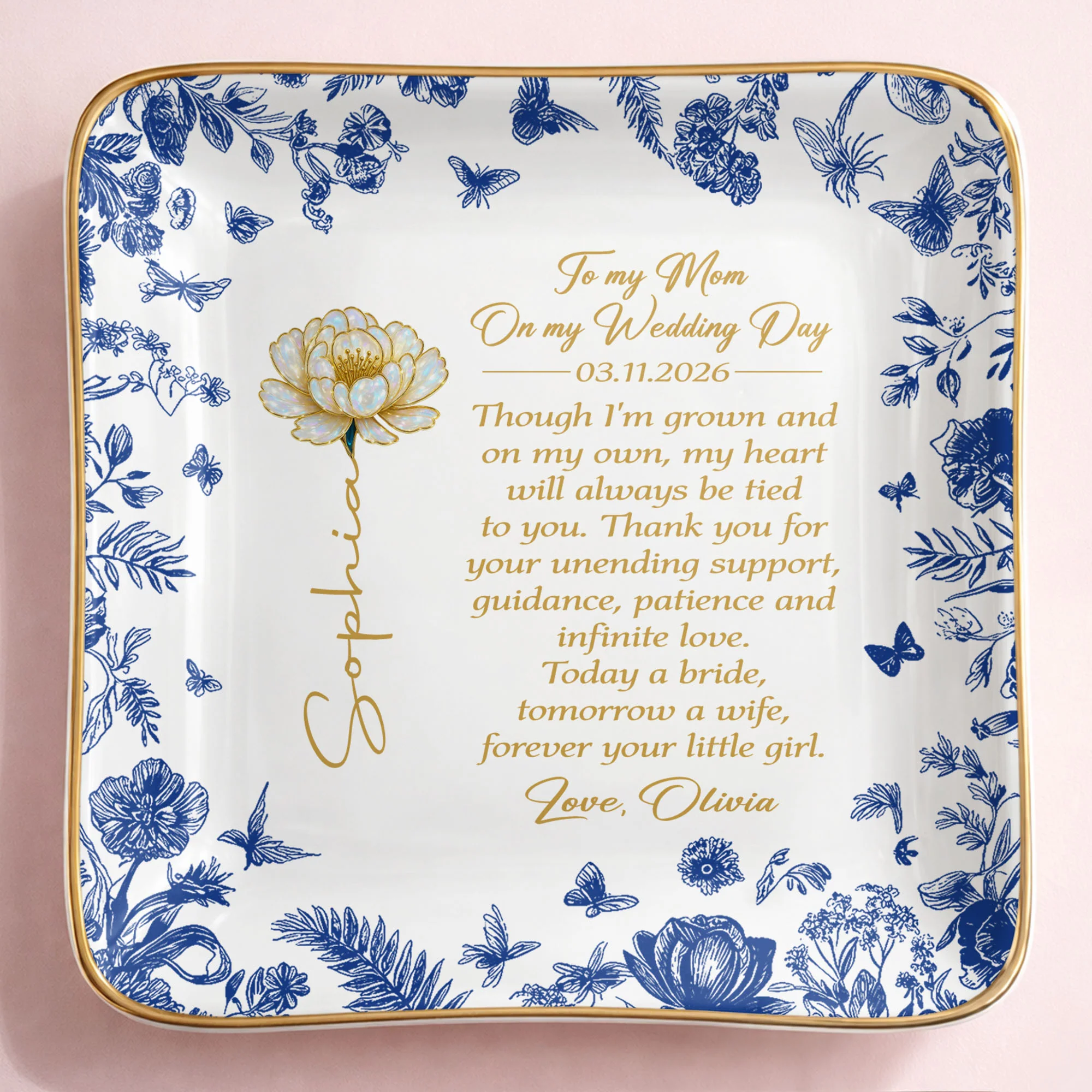 To My Mom On My Wedding Day Flower And Butterfly Ceramic Dish - Personalized Custom Jewelry Dish, Ceramic Dish, Square Shape - MOM197_SCRF - Image 8