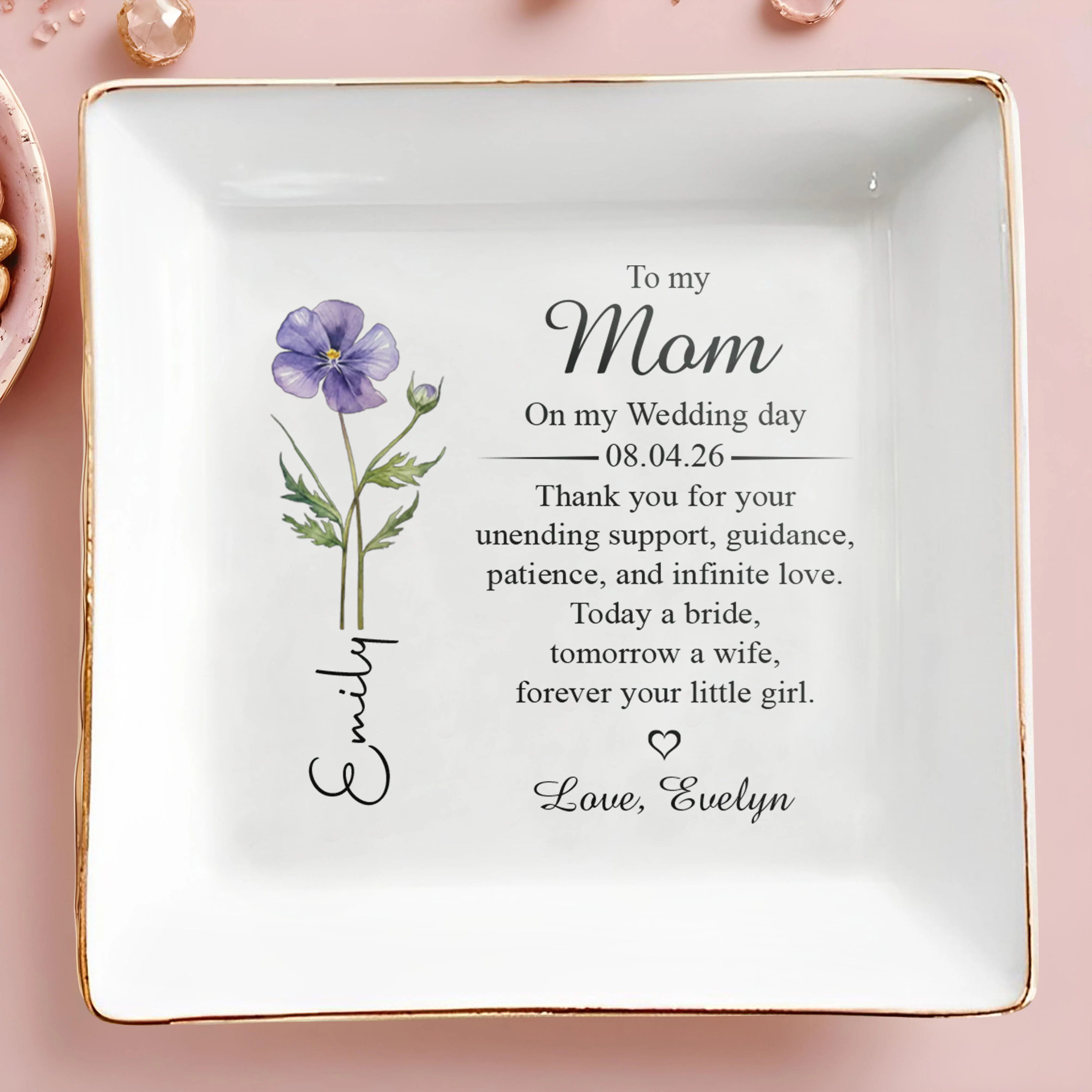 To My Mom On My Wedding Day Flower Jewelry Dish - Personalized Custom Jewelry Dish, Square Ceramic Dish - MOM199_SCRD