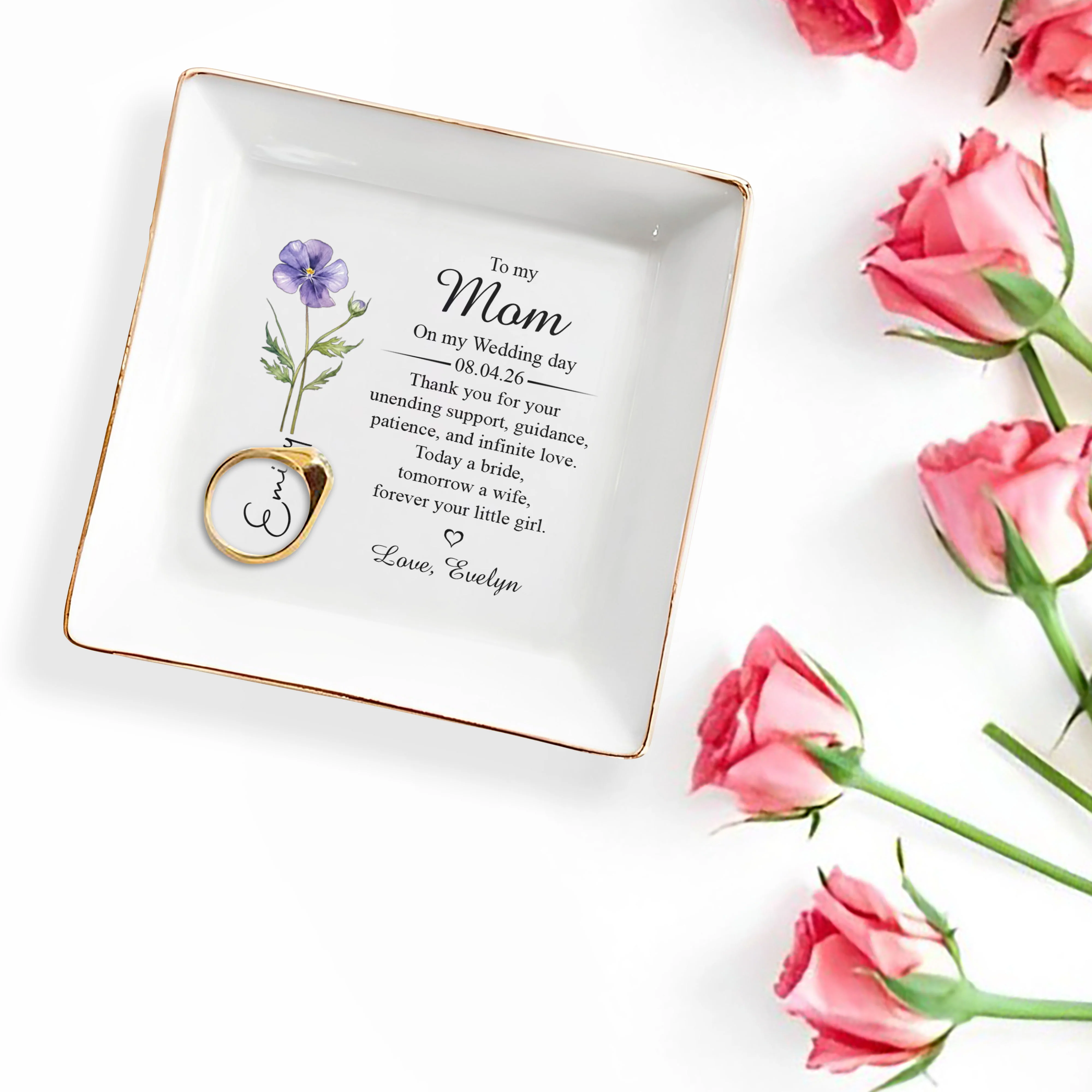 To My Mom On My Wedding Day Flower Jewelry Dish - Personalized Custom Jewelry Dish, Square Ceramic Dish - MOM199_SCRD - Image 3