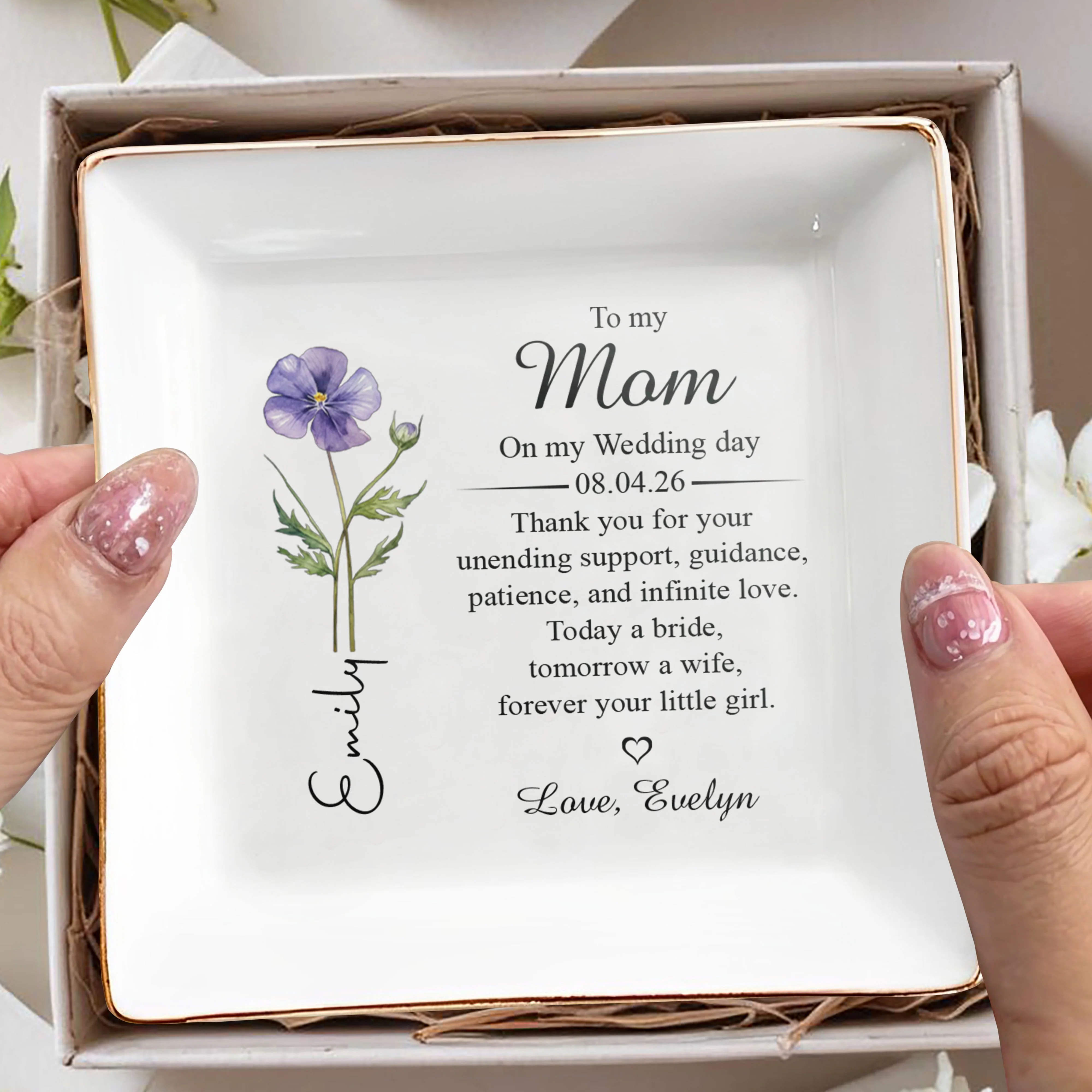 To My Mom On My Wedding Day Flower Jewelry Dish - Personalized Custom Jewelry Dish, Square Ceramic Dish - MOM199_SCRD - Image 7