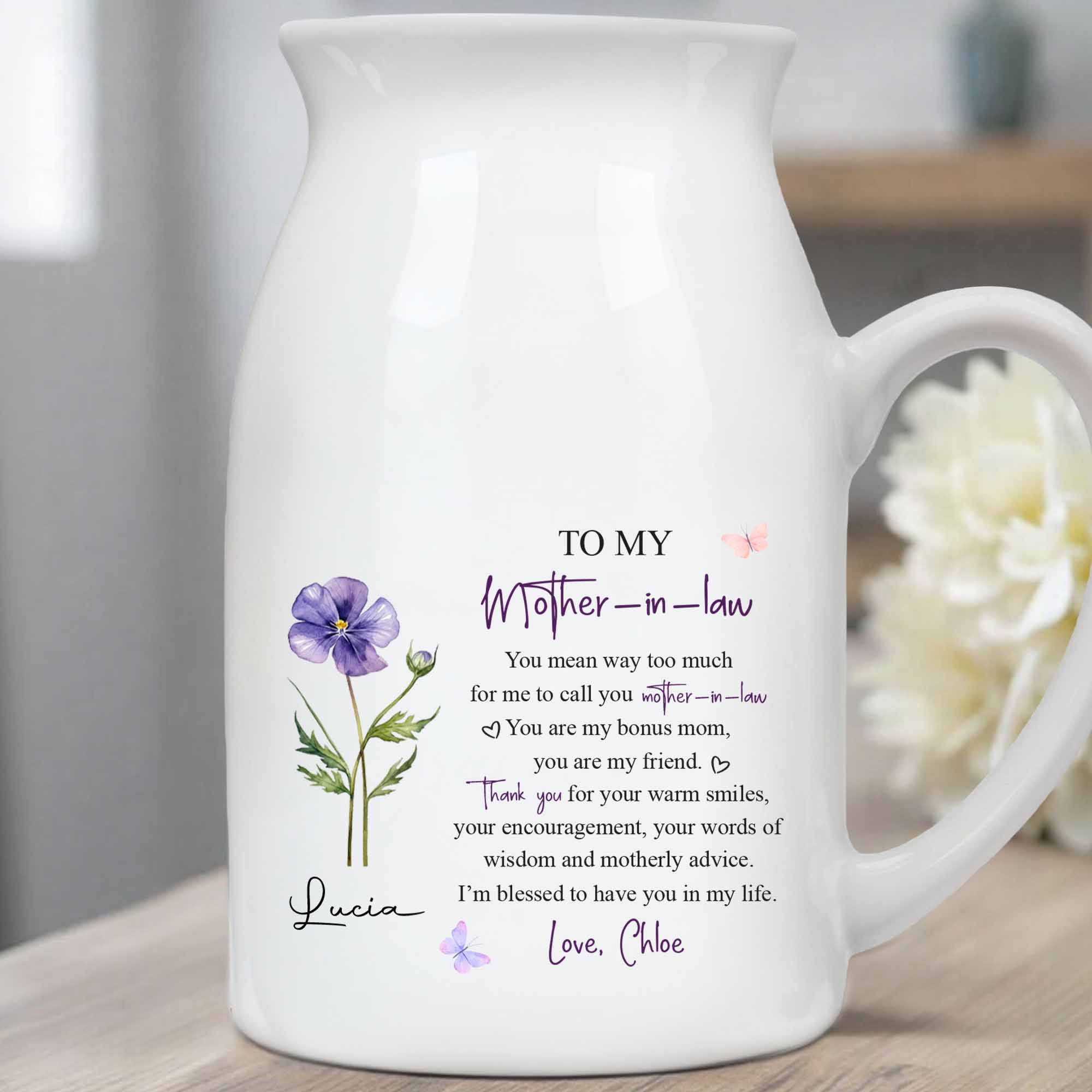 To My Mother In Law Bonus Mom Message With Purple Flower And Butterflies - Personalized Ceramic Flower Vase - MOM177_CEV - Image 3