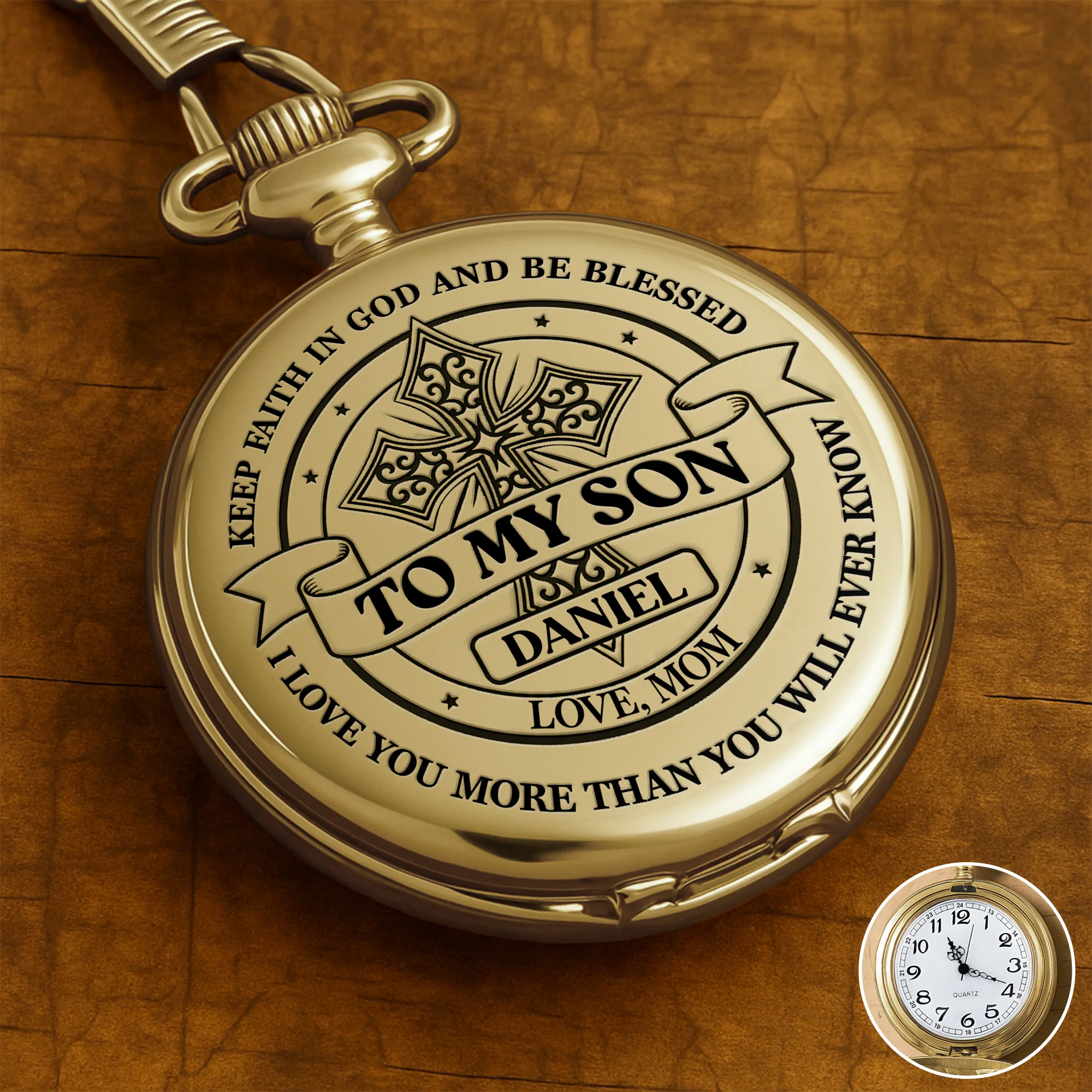 To My Son Keep Faith In God Blessed Cross - Personalized Custom Pocket Watch - SON080_GWATCH