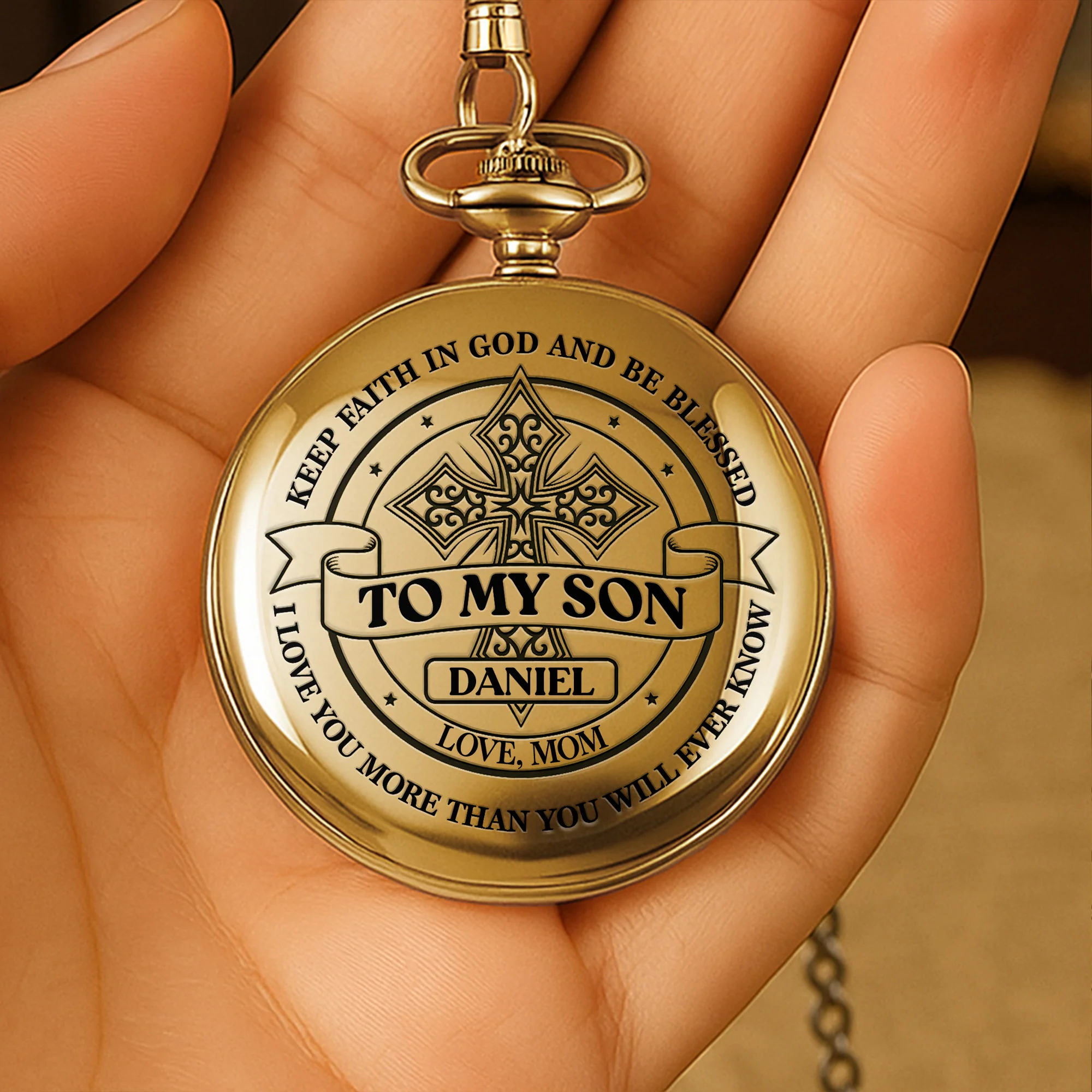 To My Son Keep Faith In God Blessed Cross - Personalized Custom Pocket Watch - SON080_GWATCH - Image 3