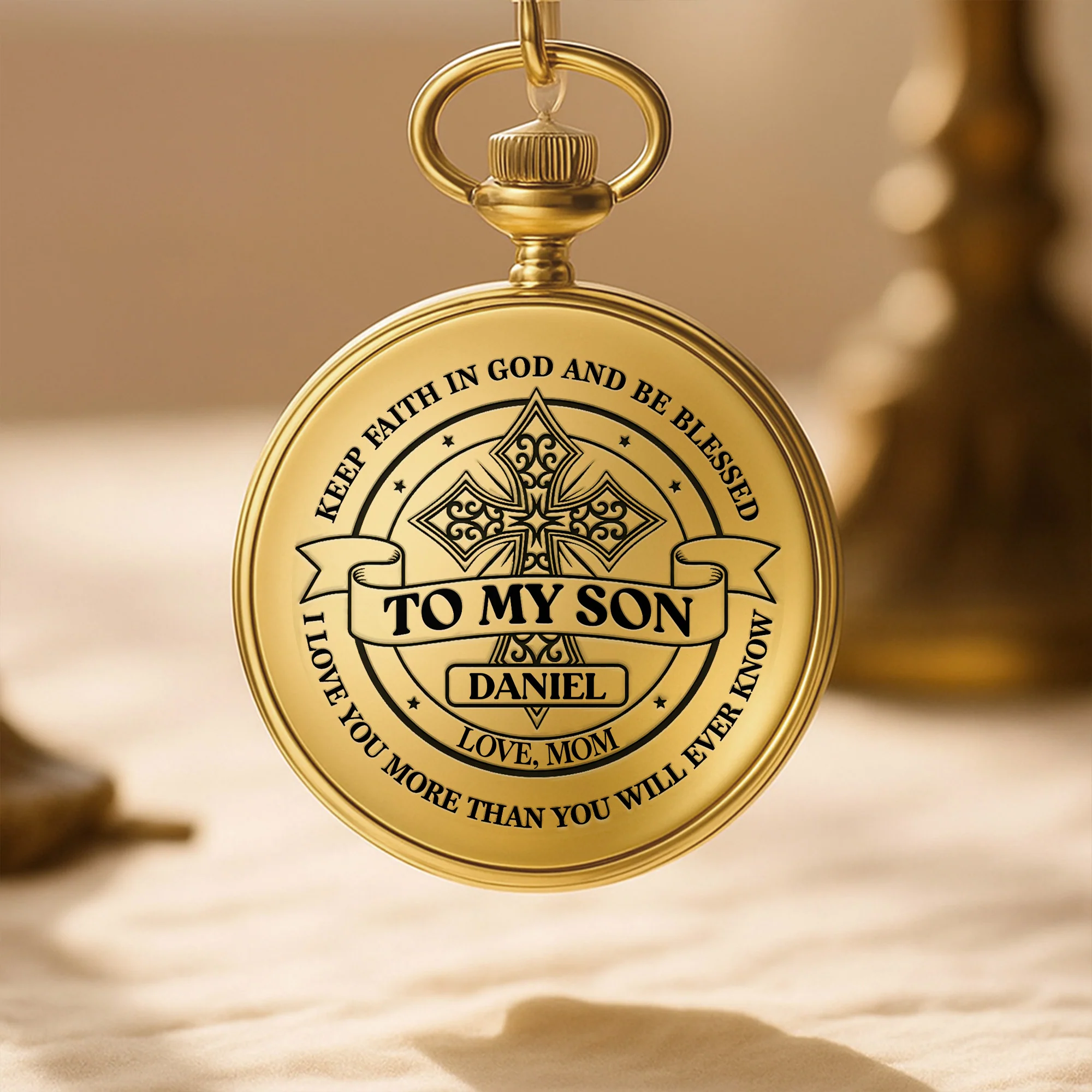 To My Son Keep Faith In God Blessed Cross - Personalized Custom Pocket Watch - SON080_GWATCH - Image 5