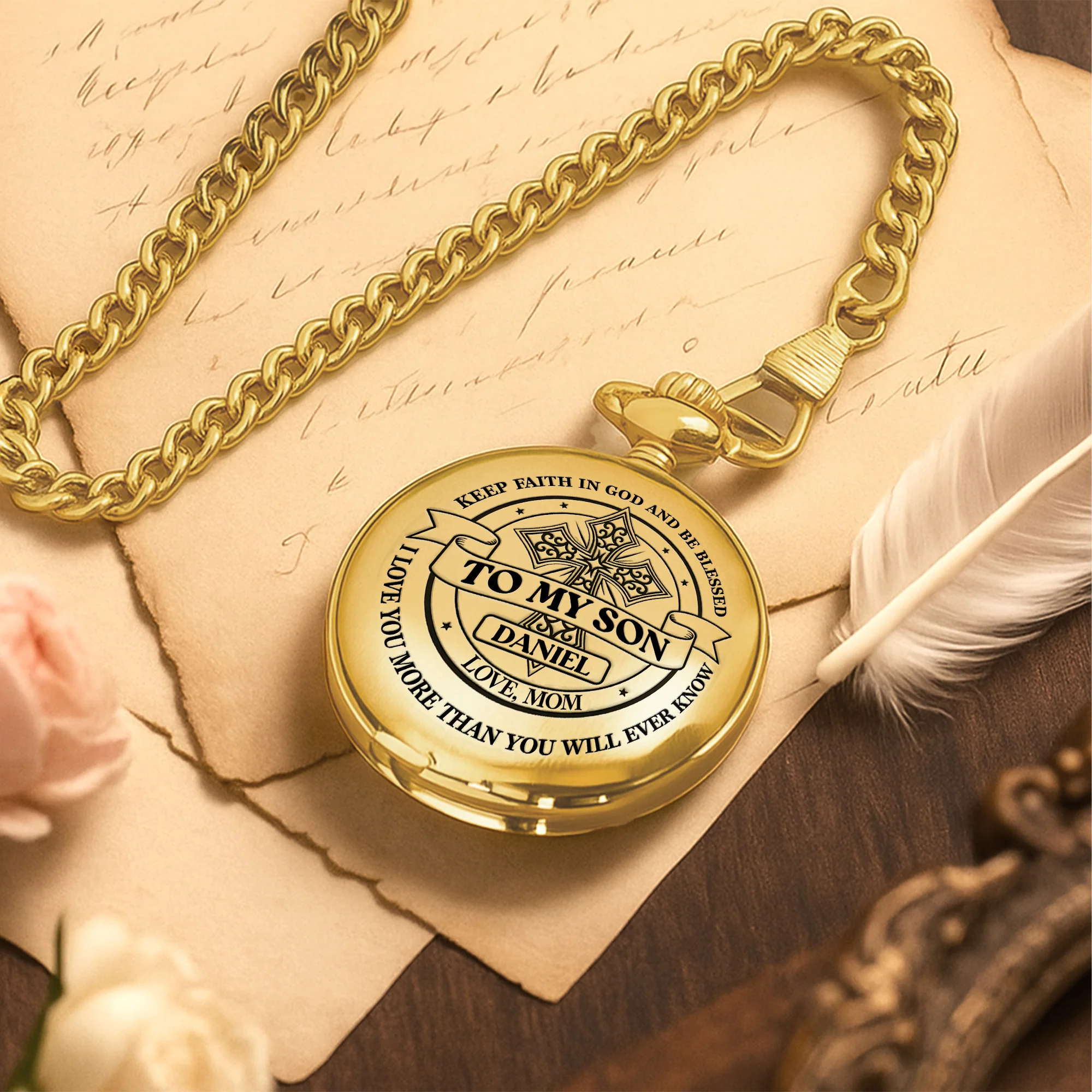 To My Son Keep Faith In God Blessed Cross - Personalized Custom Pocket Watch - SON080_GWATCH - Image 7