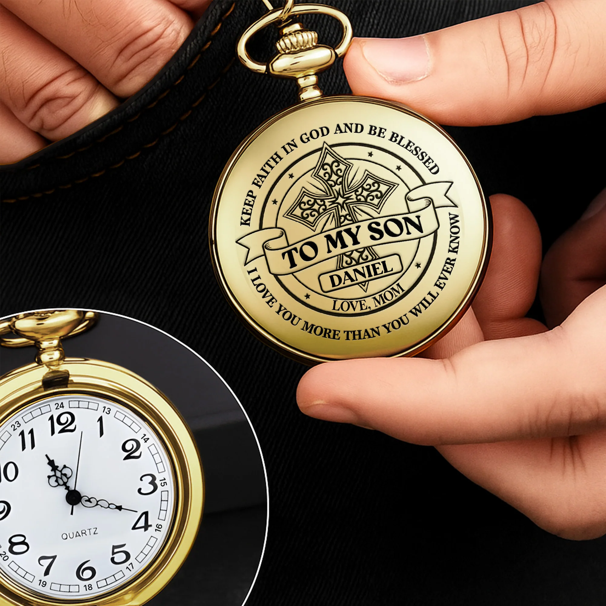 To My Son Keep Faith In God Blessed Cross - Personalized Custom Pocket Watch - SON080_GWATCH - Image 8
