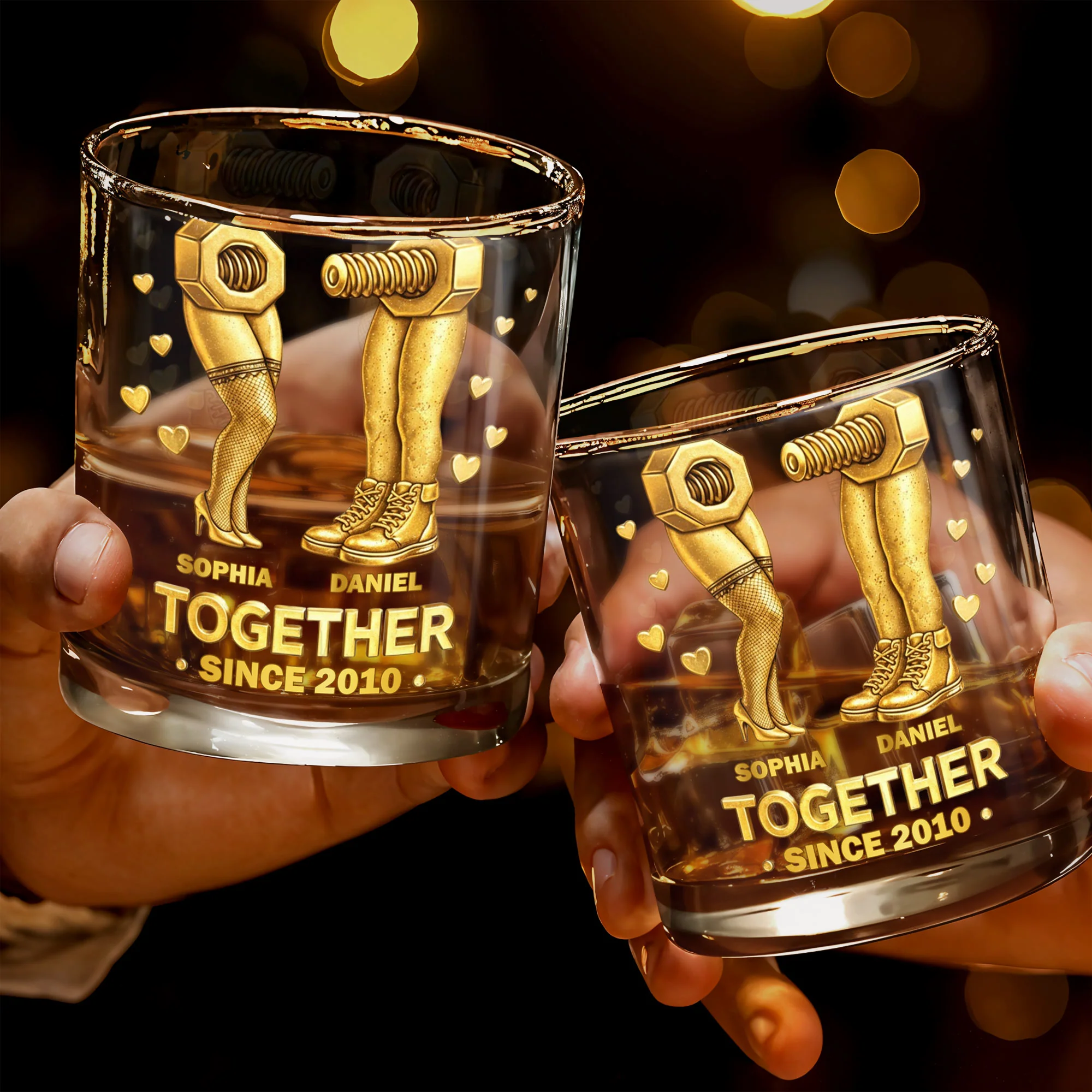 Together Since Nut And Bolt Design With Sexy Legs And Hearts - Personalized Custom Whiskey Glass - CPL1403_RWG - Image 3