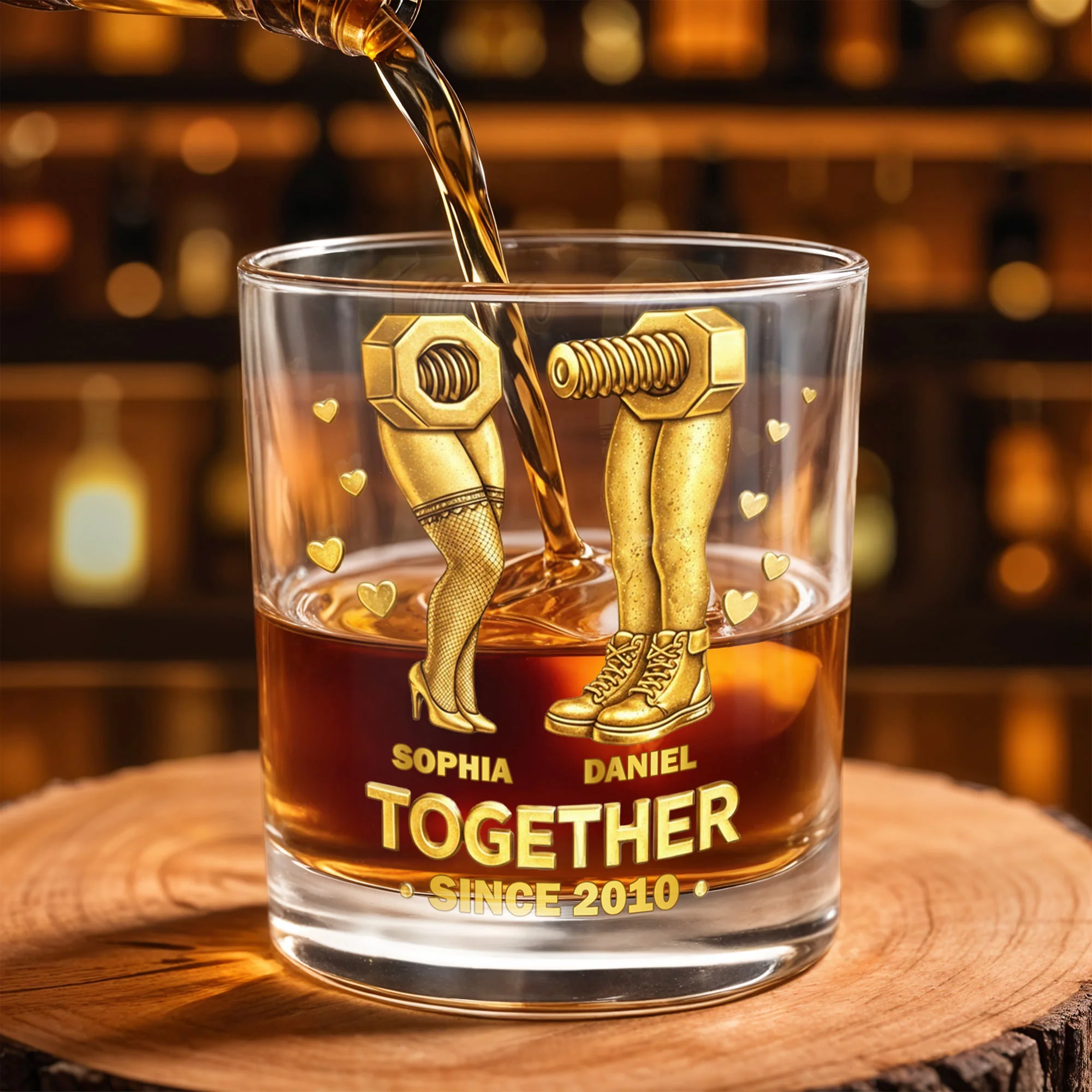Together Since Nut And Bolt Design With Sexy Legs And Hearts - Personalized Custom Whiskey Glass - CPL1403_RWG - Image 4