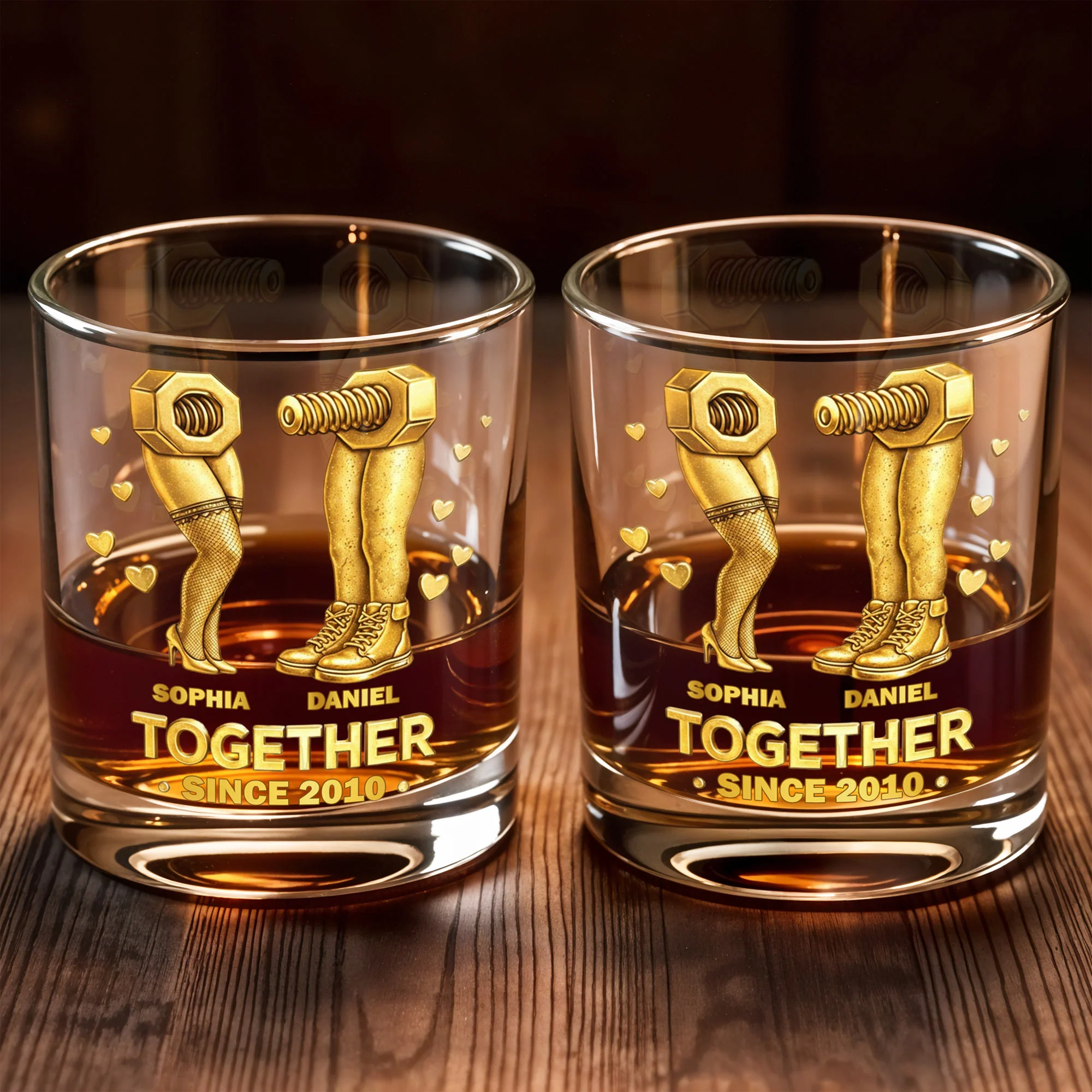 Together Since Nut And Bolt Design With Sexy Legs And Hearts - Personalized Custom Whiskey Glass - CPL1403_RWG - Image 7