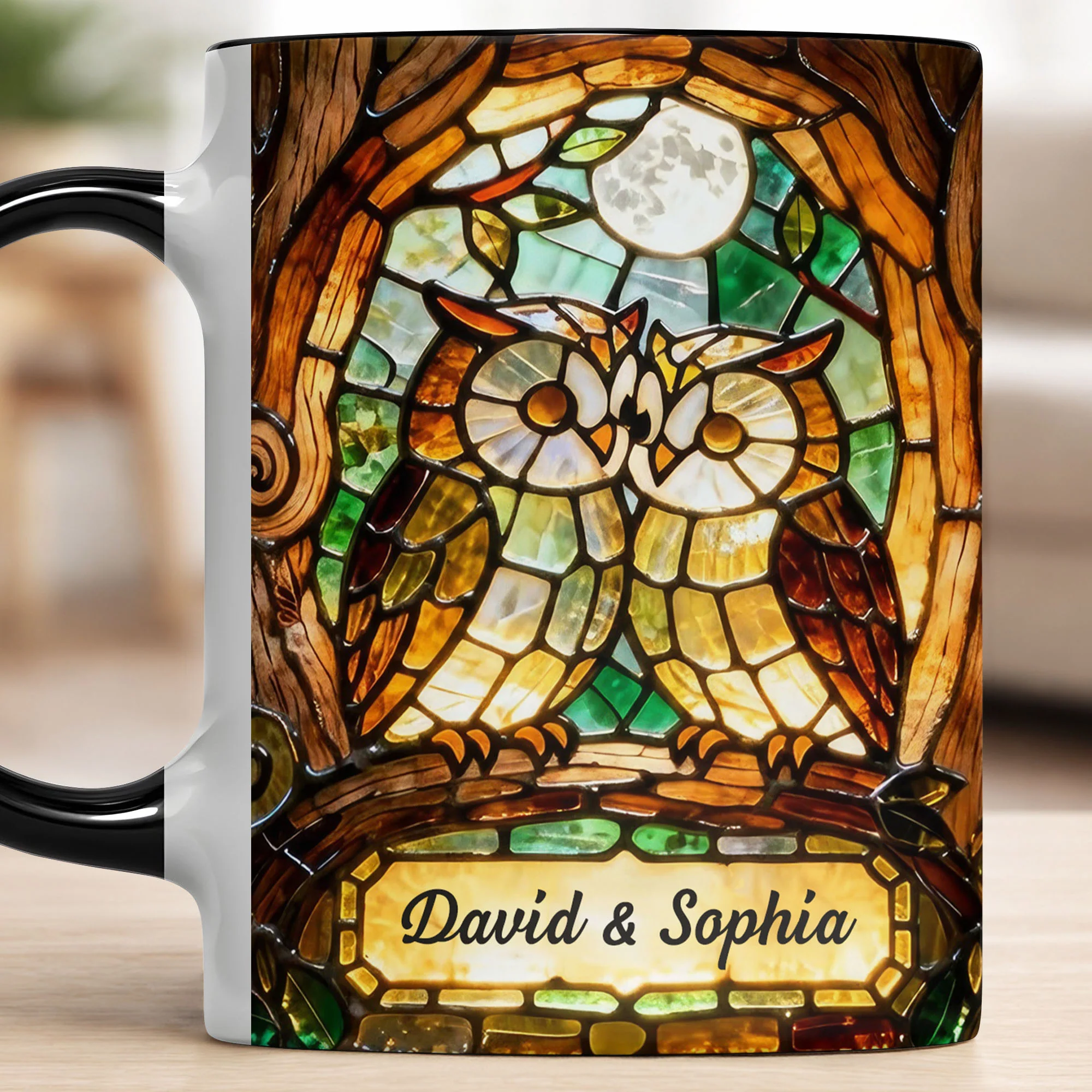 Two Owls In Love Under The Moonlight Stained Glass Design - Personalized Custom Accent Mug - CPL1399_AMUG - Image 10
