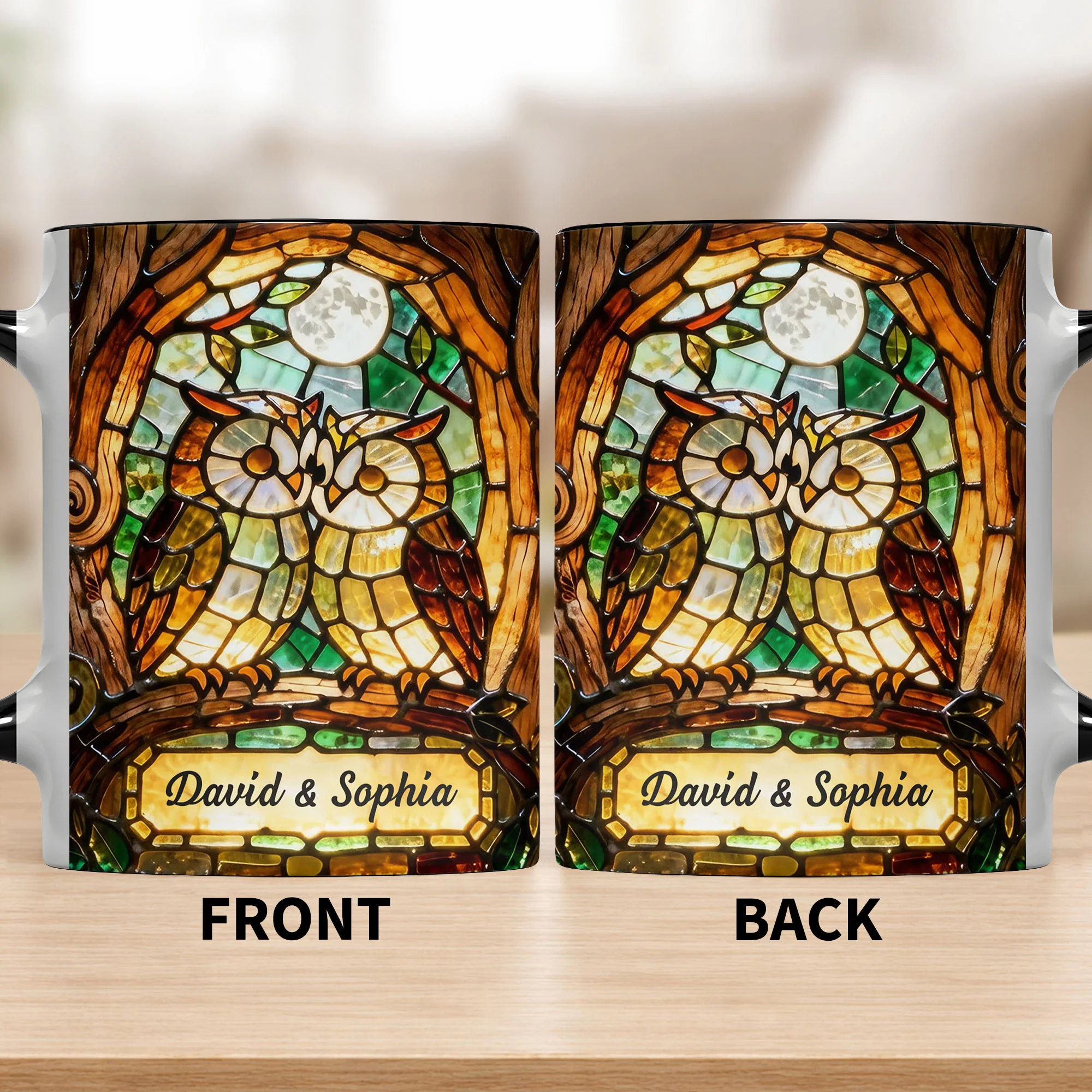Two Owls In Love Under The Moonlight Stained Glass Design - Personalized Custom Accent Mug - CPL1399_AMUG - Image 11