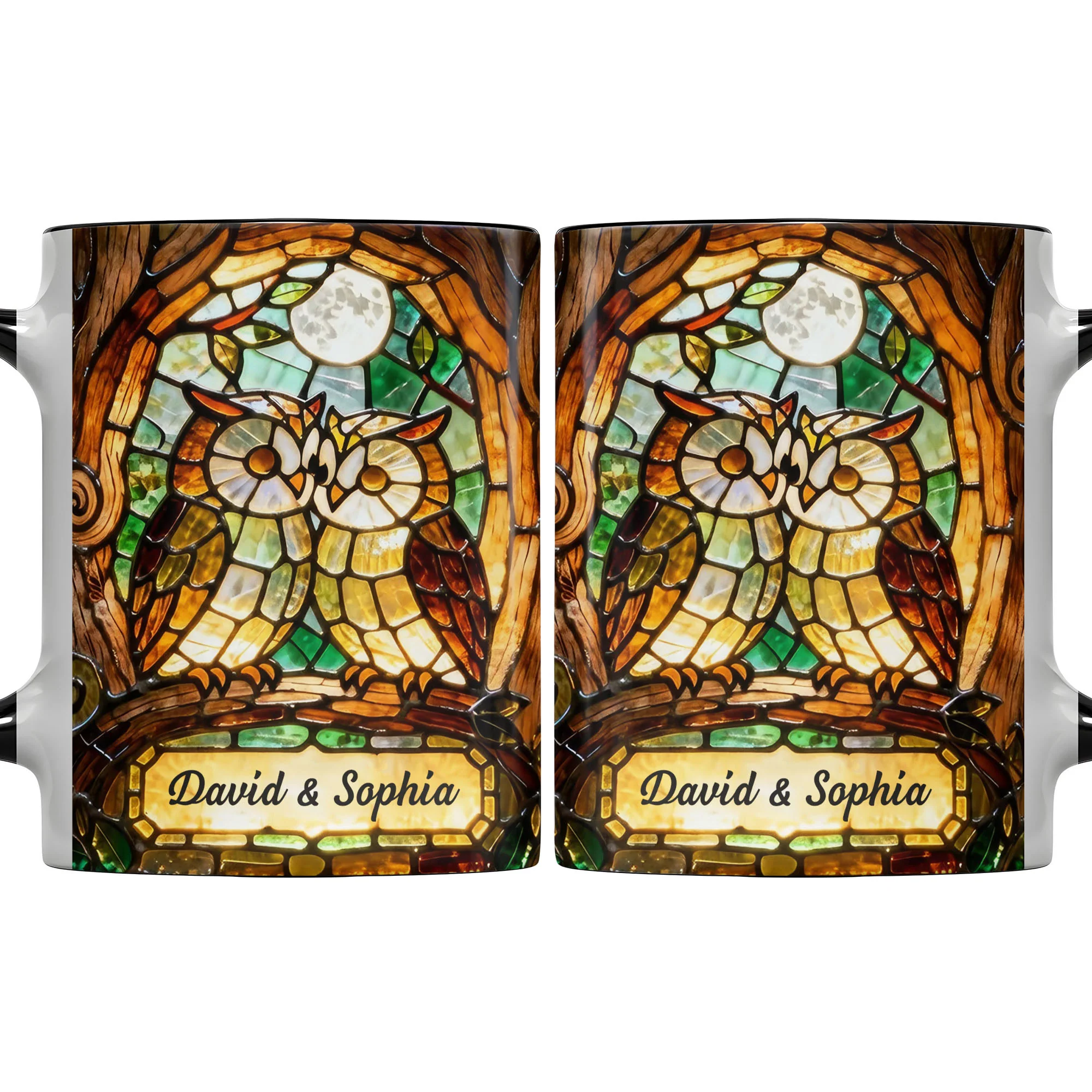 Two Owls In Love Under The Moonlight Stained Glass Design - Personalized Custom Accent Mug - CPL1399_AMUG - Image 12