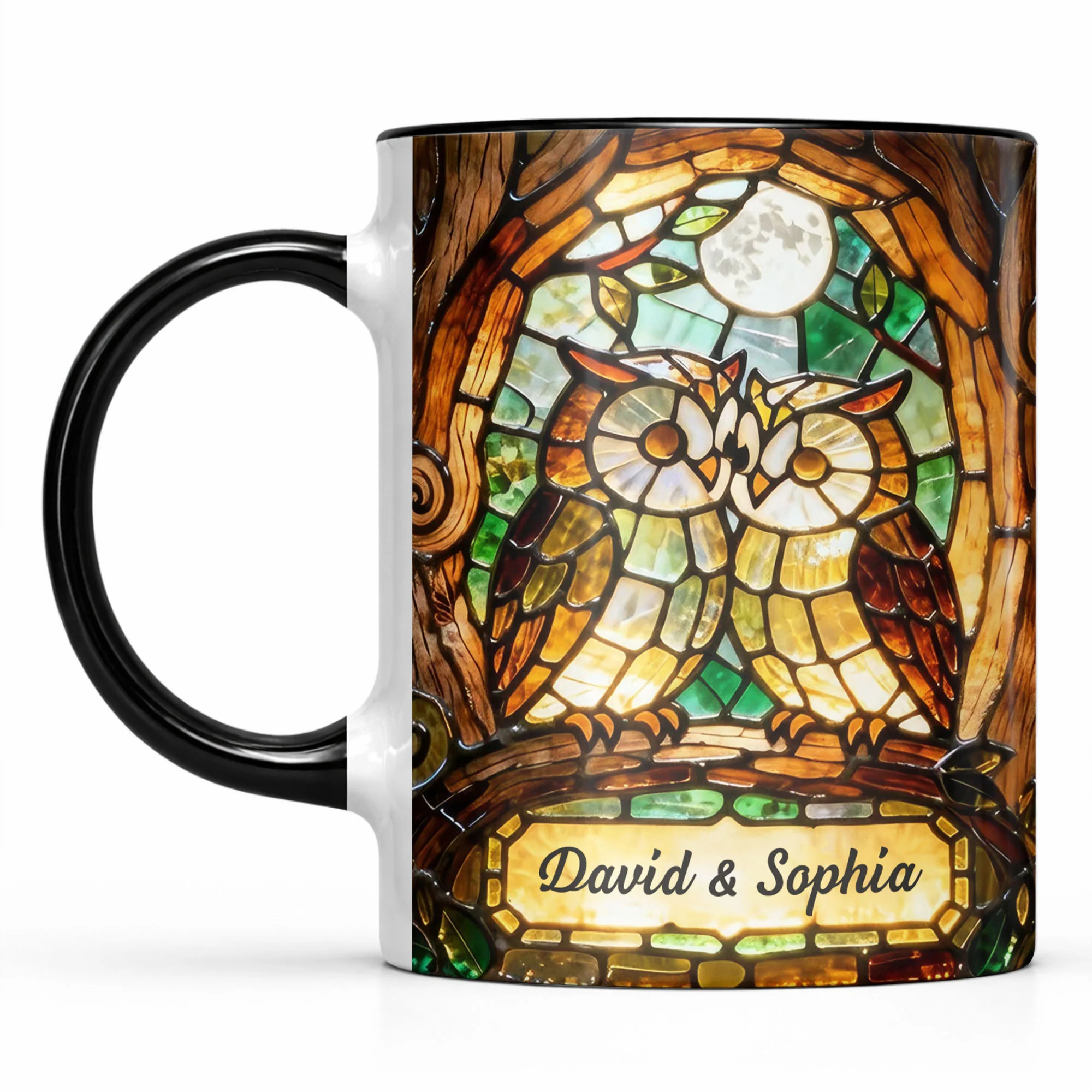 Two Owls In Love Under The Moonlight Stained Glass Design - Personalized Custom Accent Mug - CPL1399_AMUG - Image 13