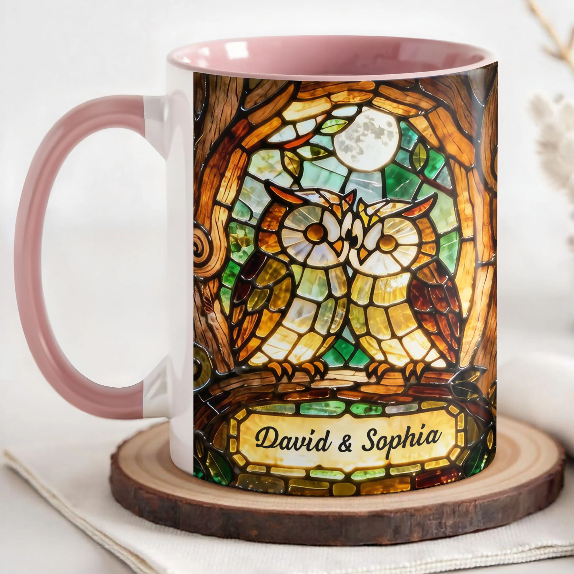 Two Owls In Love Under The Moonlight Stained Glass Design - Personalized Custom Accent Mug - CPL1399_AMUG - Image 3