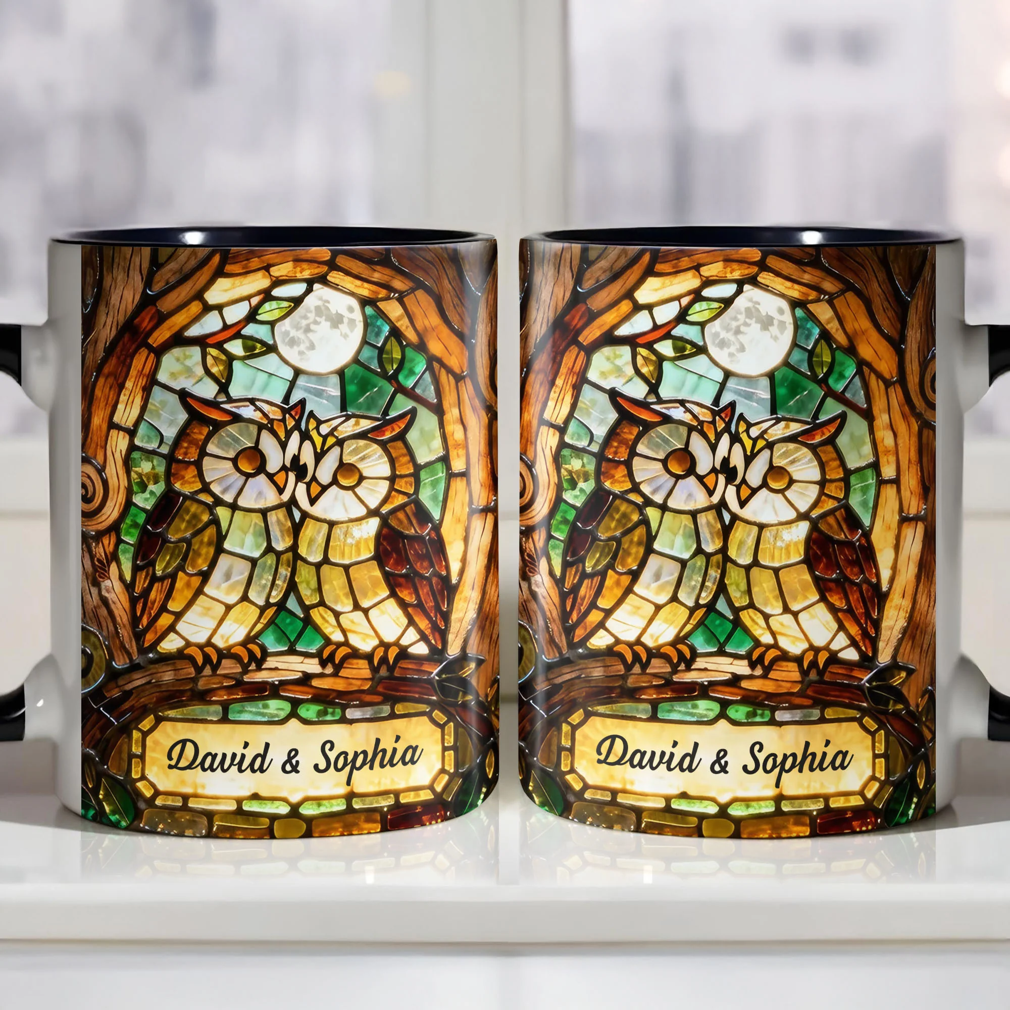 Two Owls In Love Under The Moonlight Stained Glass Design - Personalized Custom Accent Mug - CPL1399_AMUG - Image 4
