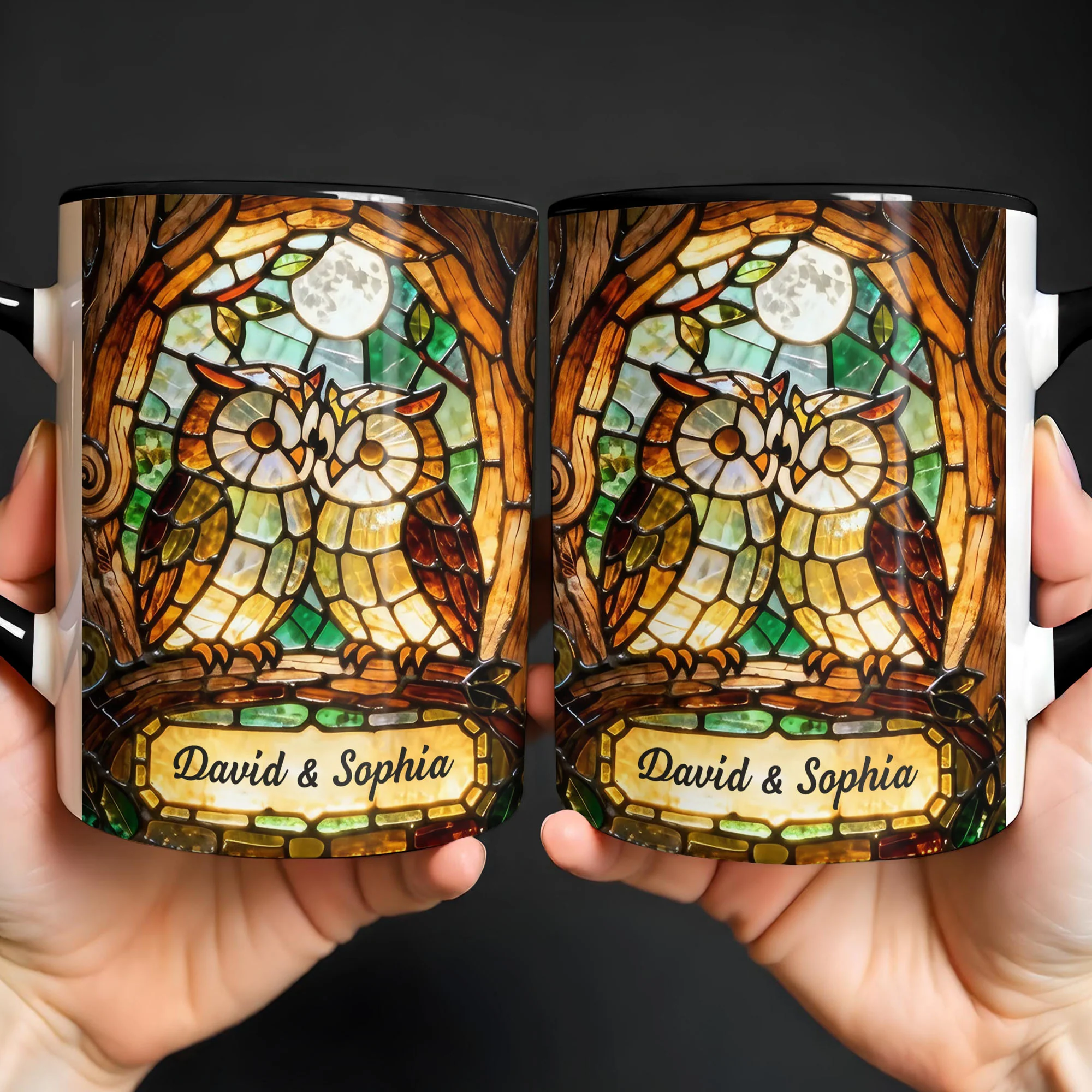Two Owls In Love Under The Moonlight Stained Glass Design - Personalized Custom Accent Mug - CPL1399_AMUG - Image 5