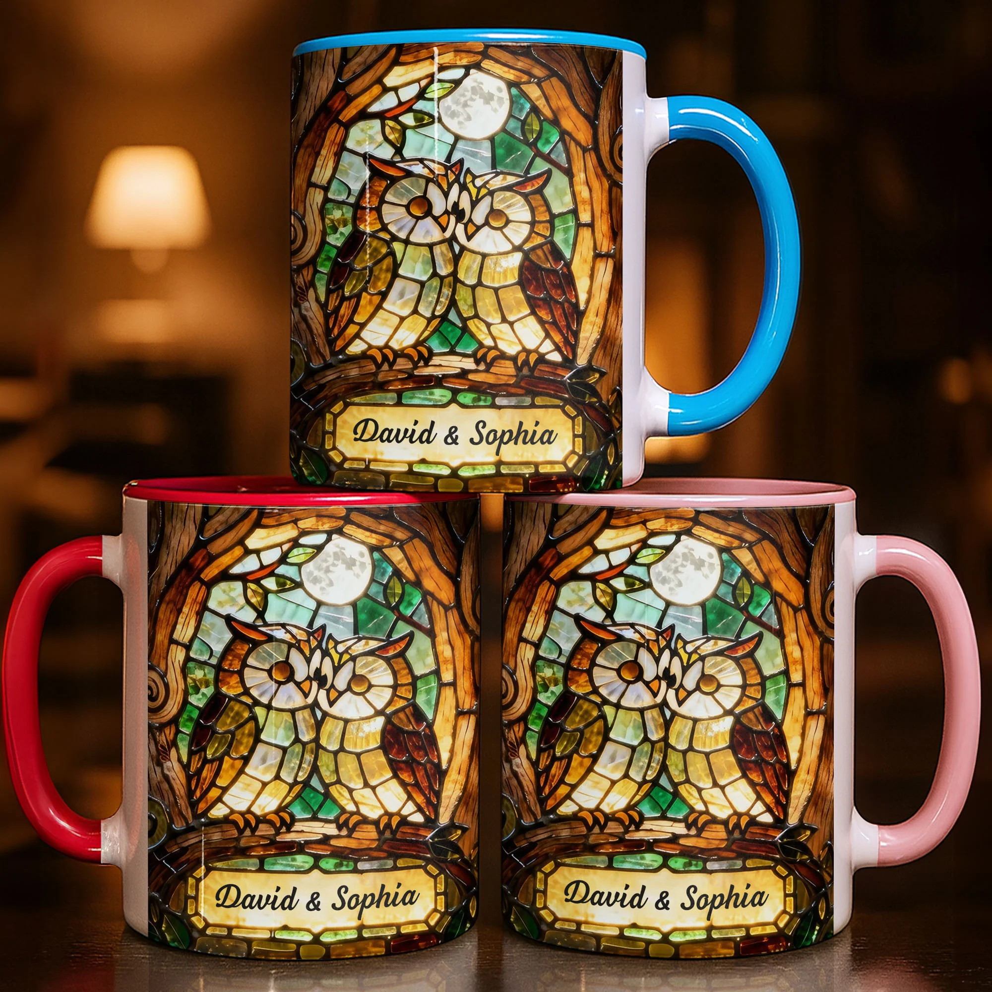 Two Owls In Love Under The Moonlight Stained Glass Design - Personalized Custom Accent Mug - CPL1399_AMUG - Image 8