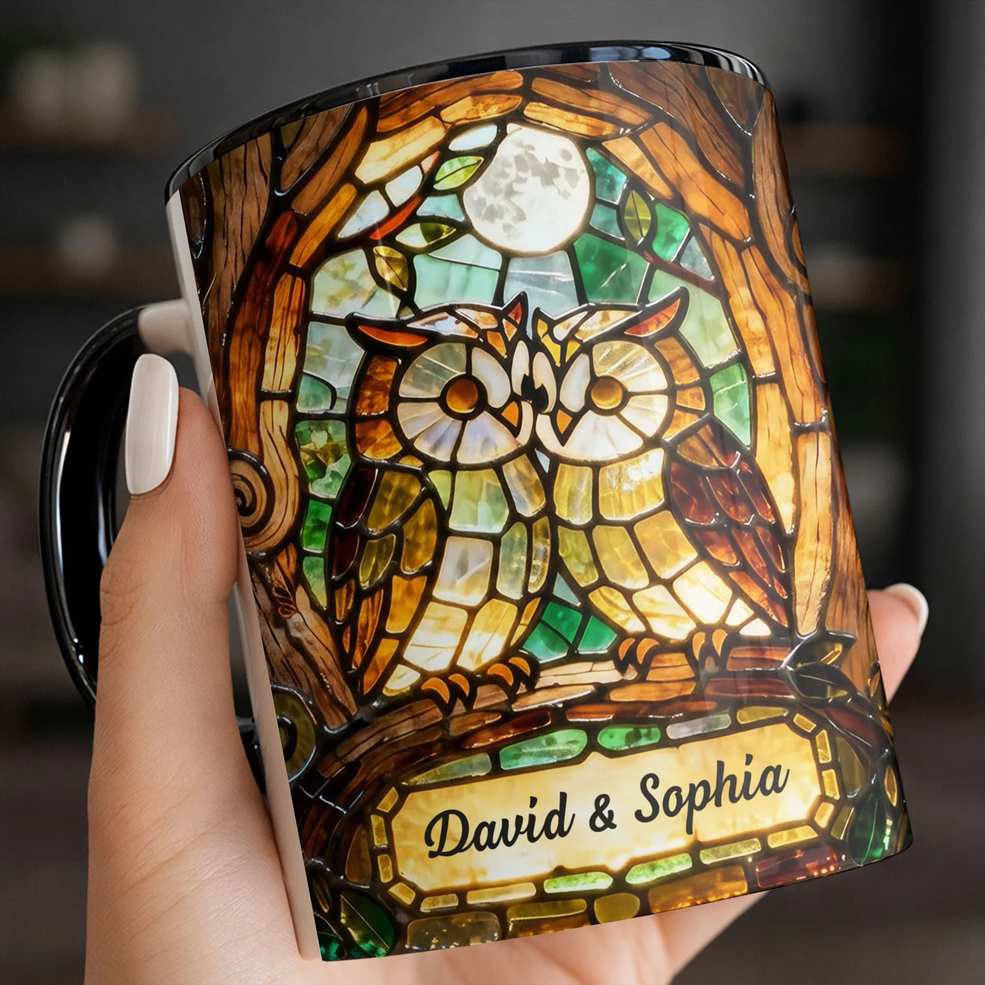 Two Owls In Love Under The Moonlight Stained Glass Design - Personalized Custom Accent Mug - CPL1399_AMUG - Image 9
