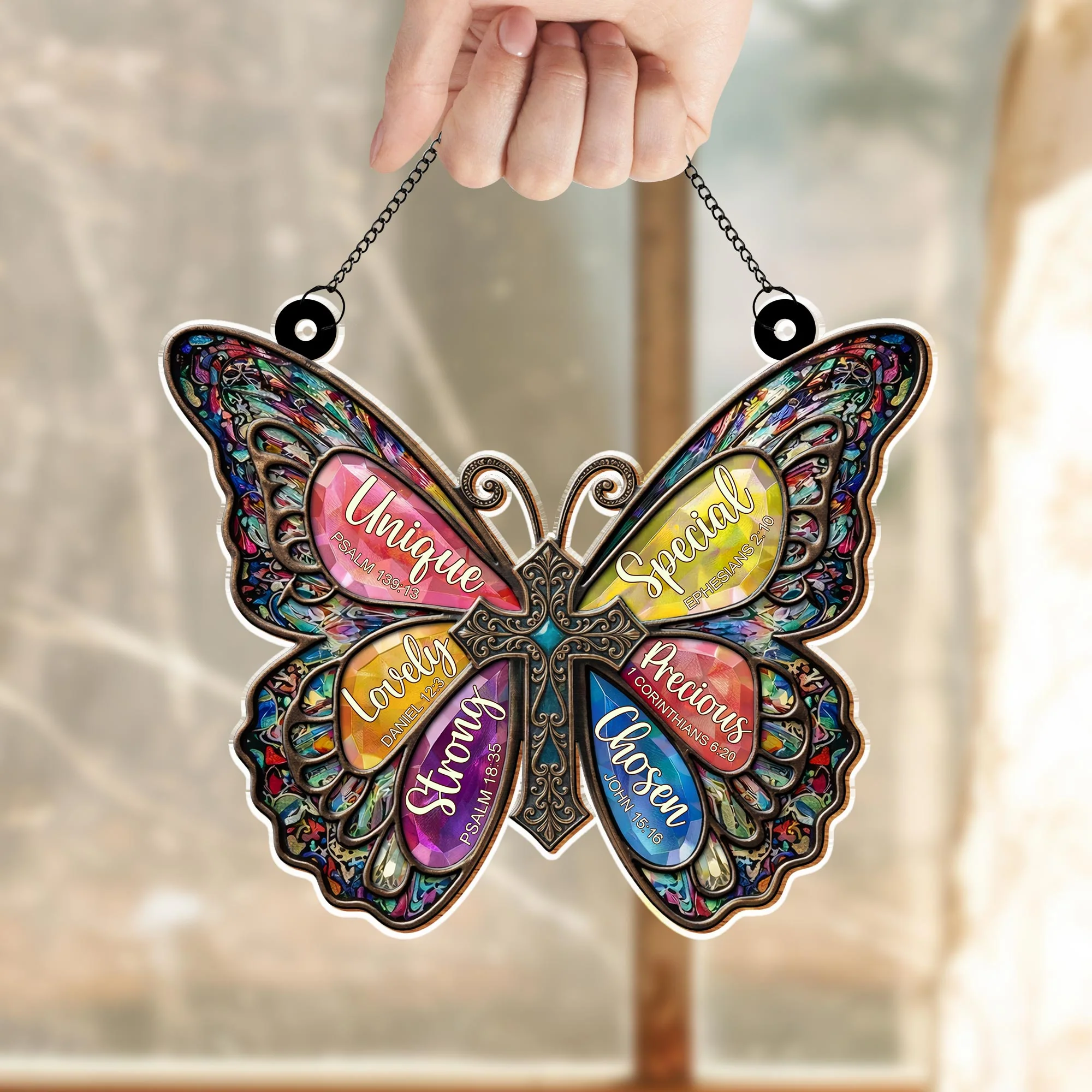 Unique Special Lovely Religious Butterfly Cross With Stained Glass Design - Personalized Custom Suncatcher - FTH142_CSUN - Image 7