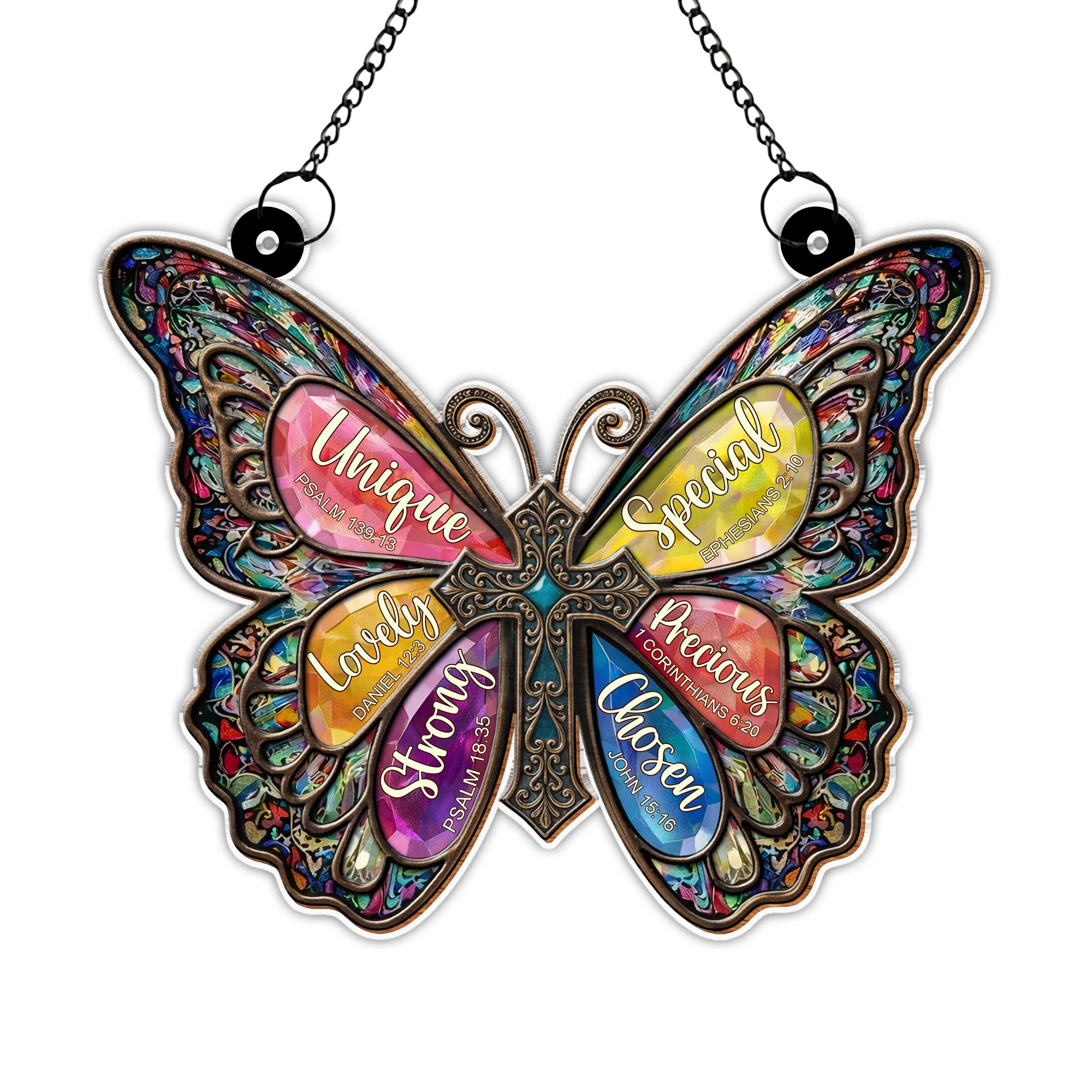 Unique Special Lovely Religious Butterfly Cross With Stained Glass Design - Personalized Custom Suncatcher - FTH142_CSUN - Image 9
