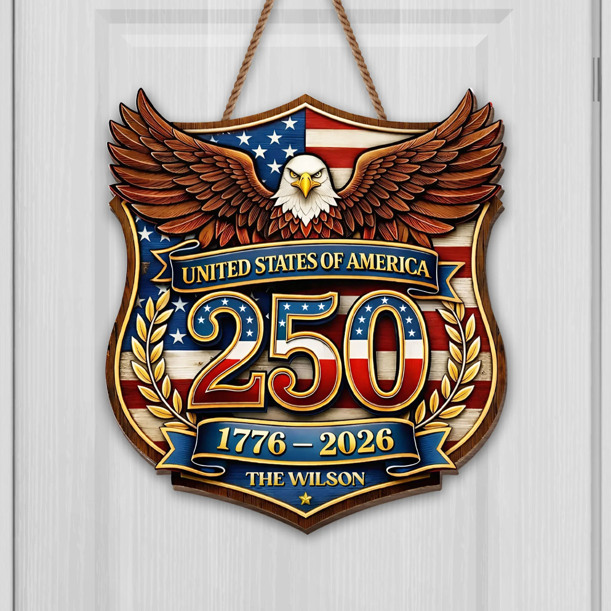 United States Of America 250 Patriotic Eagle Shield With Flag And Wreath - Personalized Custom Shaped Wood Sign - INDE080_WSIGN
