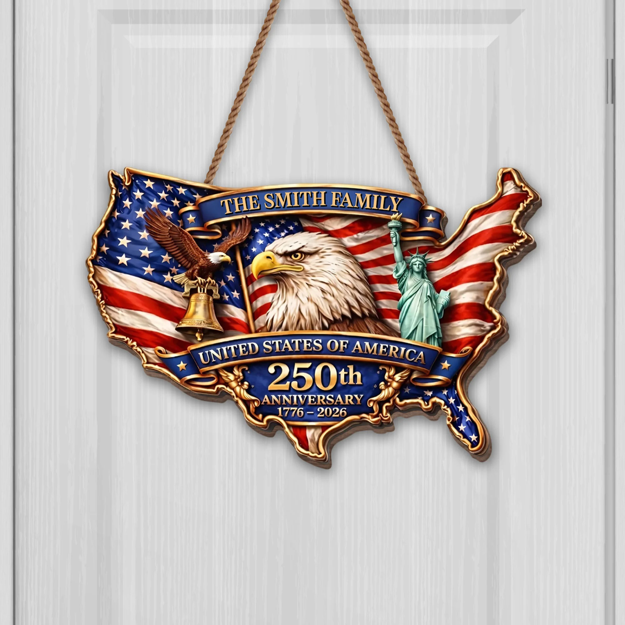 United States Of America 250th Anniversary Bald Eagle And Liberty Bell - Personalized Custom Shaped Wood Sign - INDE077_WSIGN