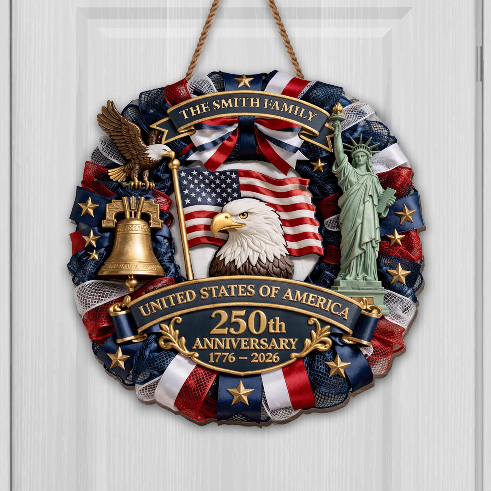 United States Of America 250th Anniversary Eagle Flag Liberty Bell Statue - Personalized Custom Shaped Wood Sign - INDE067_WSIGN