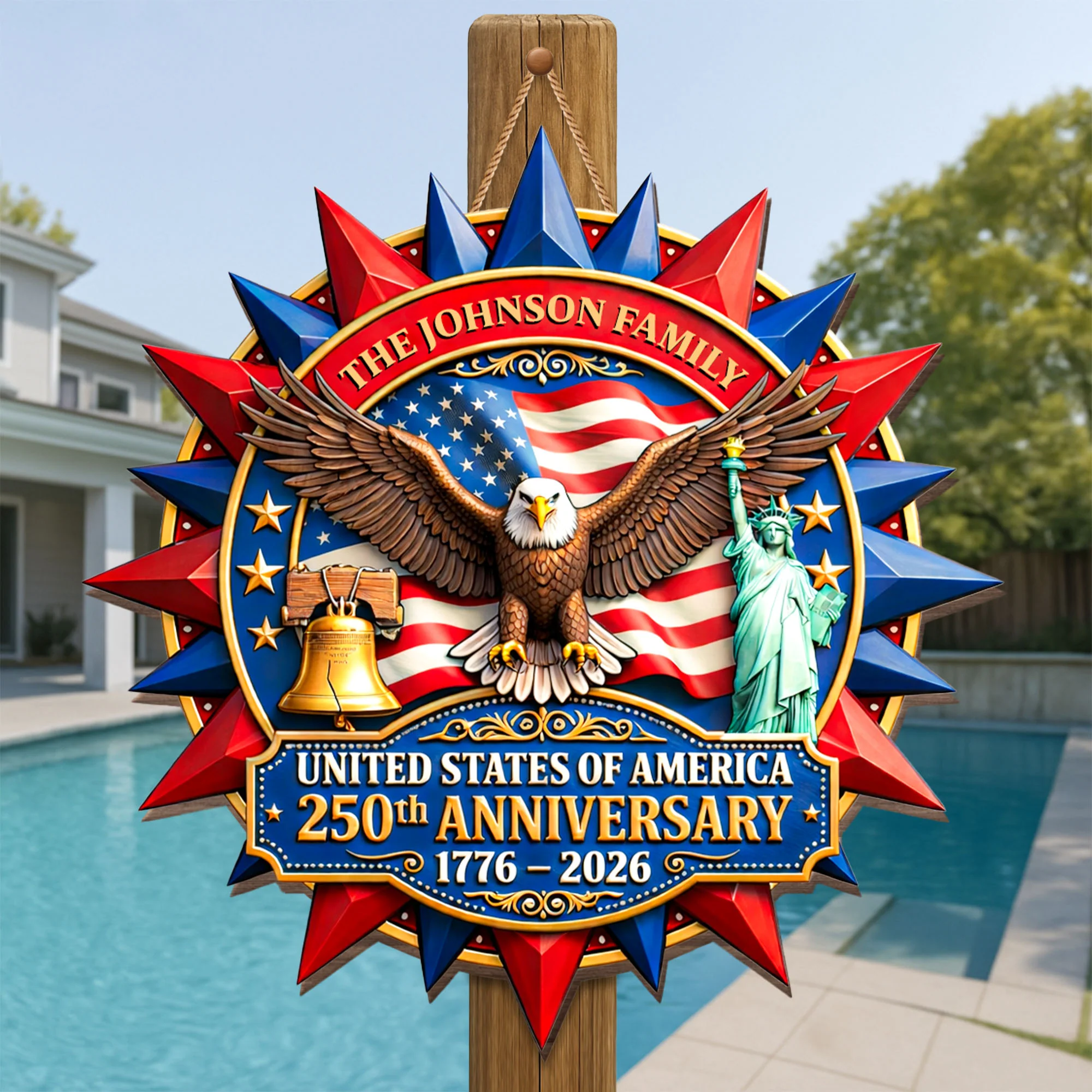 United States Of America Anniversary Eagle Flag And Statue Of Liberty - Personalized Custom Shaped Wood Sign - INDE111_WSIGN - Image 2
