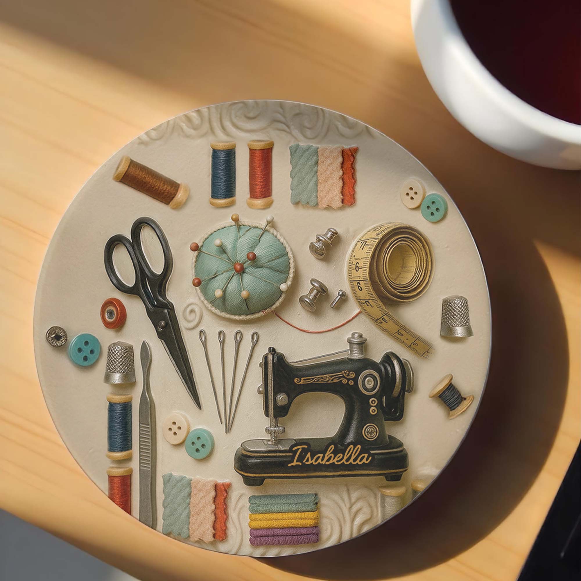 Vintage Sewing Essentials And Tools For A Creative Soul With Sewing Machine - Personalized Custom Ceramic Coaster - JBS020_ROCO