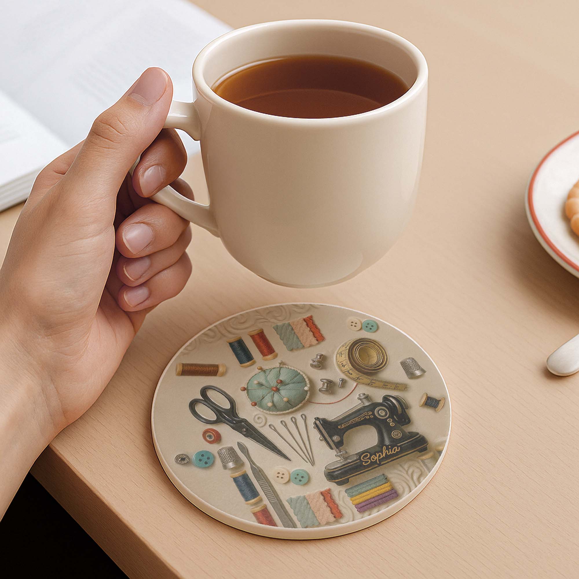 Vintage Sewing Essentials And Tools For A Creative Soul With Sewing Machine - Personalized Custom Ceramic Coaster - JBS020_ROCO - Image 3