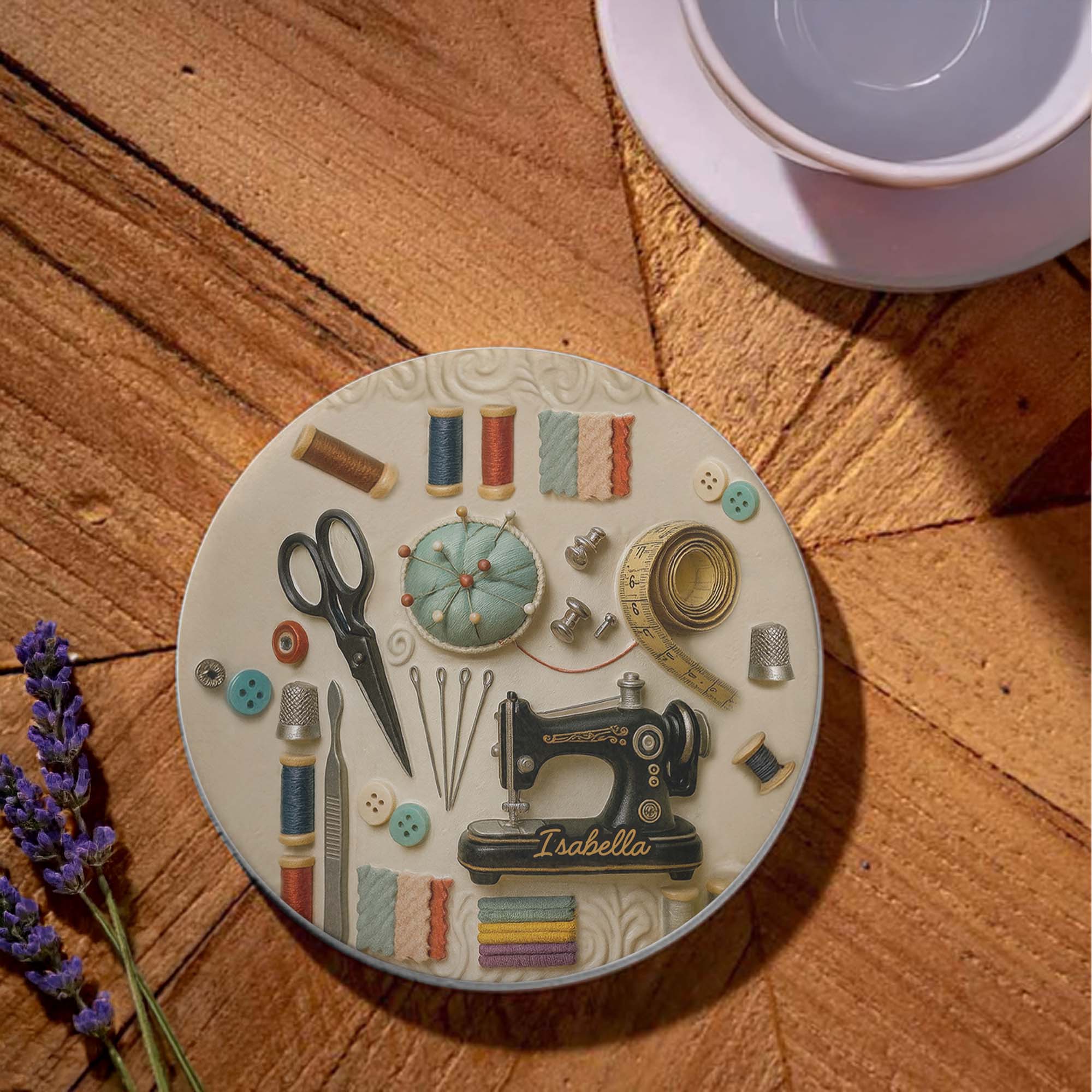 Vintage Sewing Essentials And Tools For A Creative Soul With Sewing Machine - Personalized Custom Ceramic Coaster - JBS020_ROCO - Image 4
