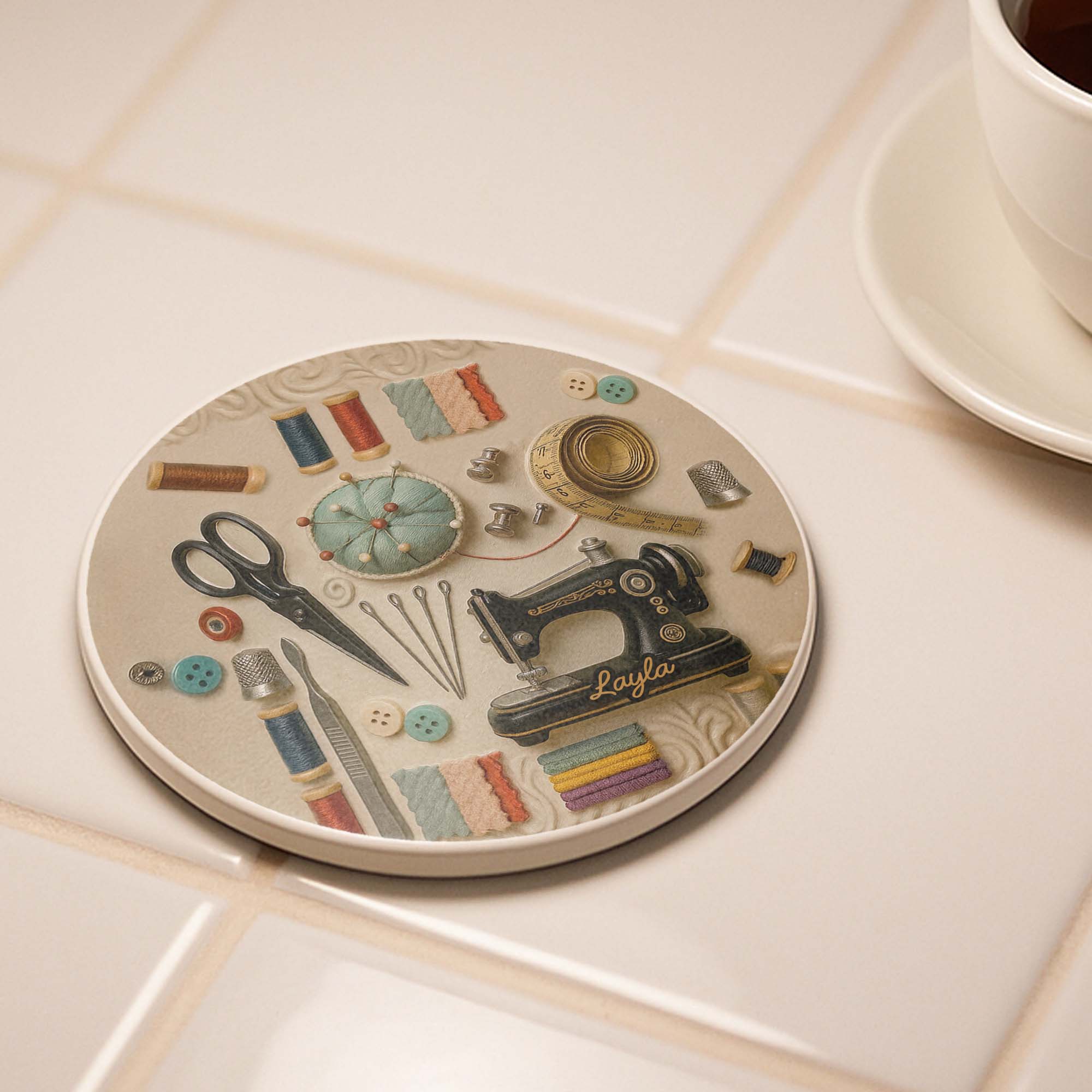 Vintage Sewing Essentials And Tools For A Creative Soul With Sewing Machine - Personalized Custom Ceramic Coaster - JBS020_ROCO - Image 5