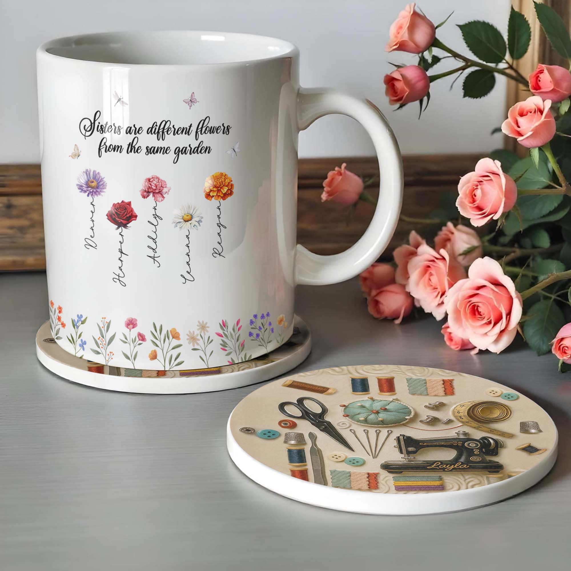 Vintage Sewing Essentials And Tools For A Creative Soul With Sewing Machine - Personalized Custom Ceramic Coaster - JBS020_ROCO - Image 6