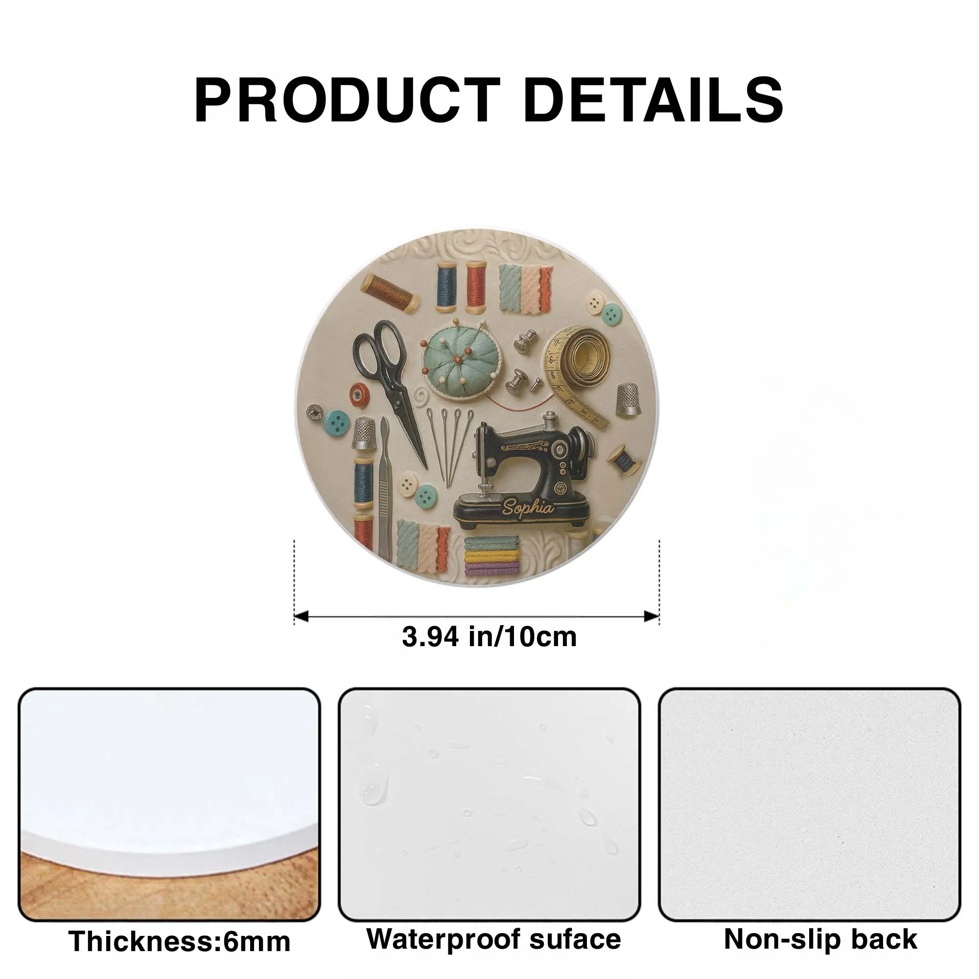 Vintage Sewing Essentials And Tools For A Creative Soul With Sewing Machine - Personalized Custom Ceramic Coaster - JBS020_ROCO - Image 7